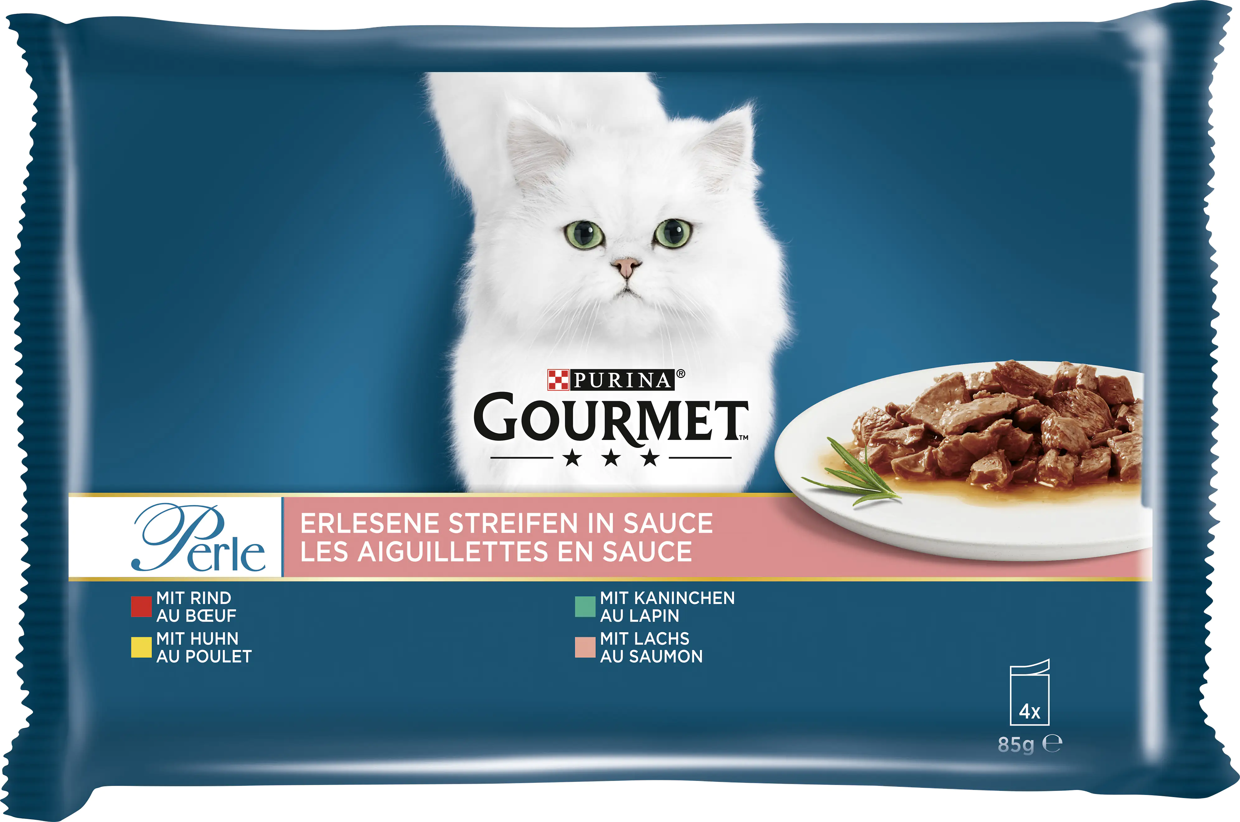 Gourmet Perle Erlesene Streifen mit Rind Kaninchen Lachs Huhn 4x 85g Gourmet Perle Erlesene Streifen mit Rind Kaninchen Lachs Huhn 4x 85g
