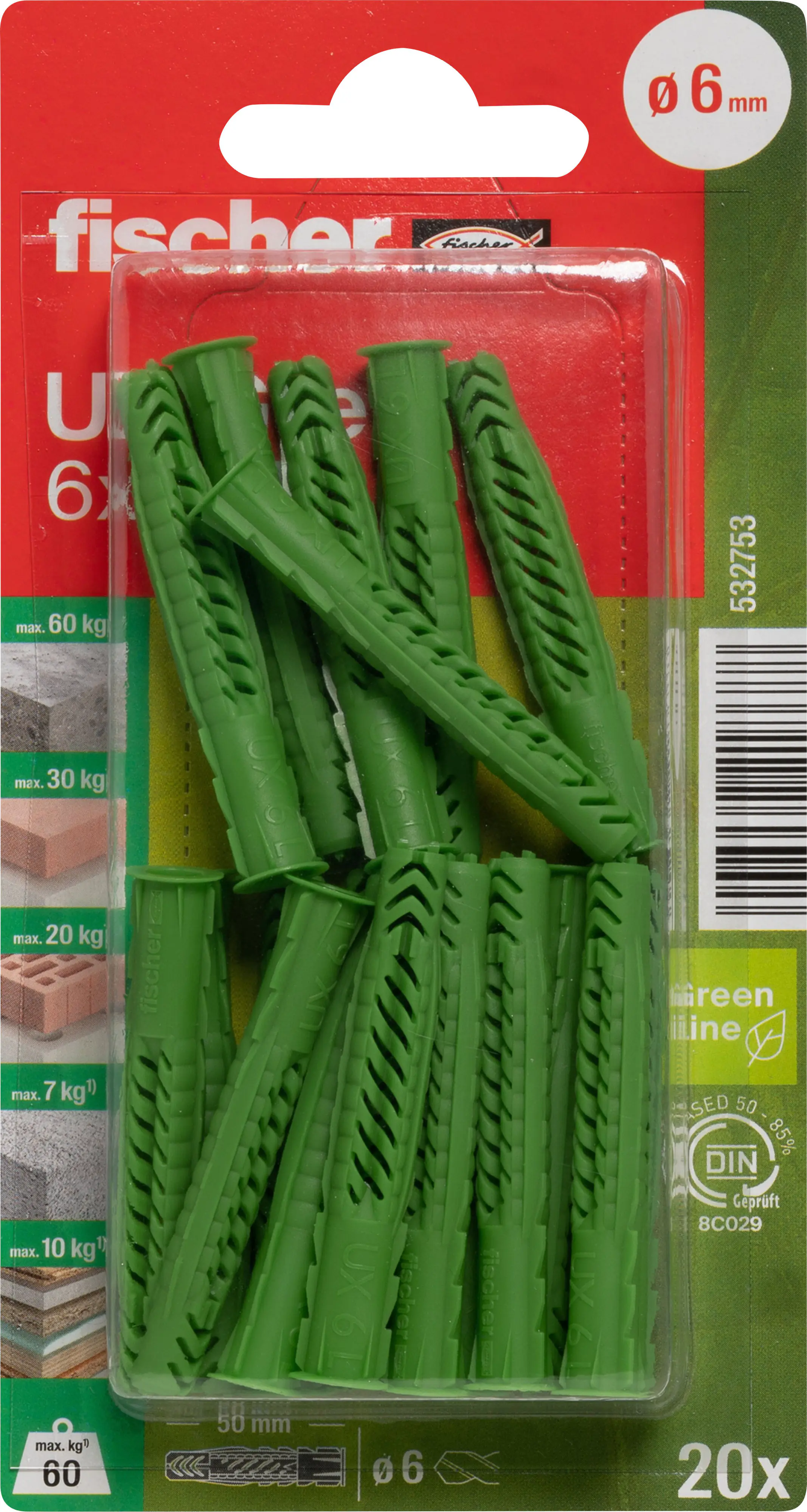 Fischer Universaldübel UX Green RS 6 x 50 mm mit Rand und Schraube - 10 Stück