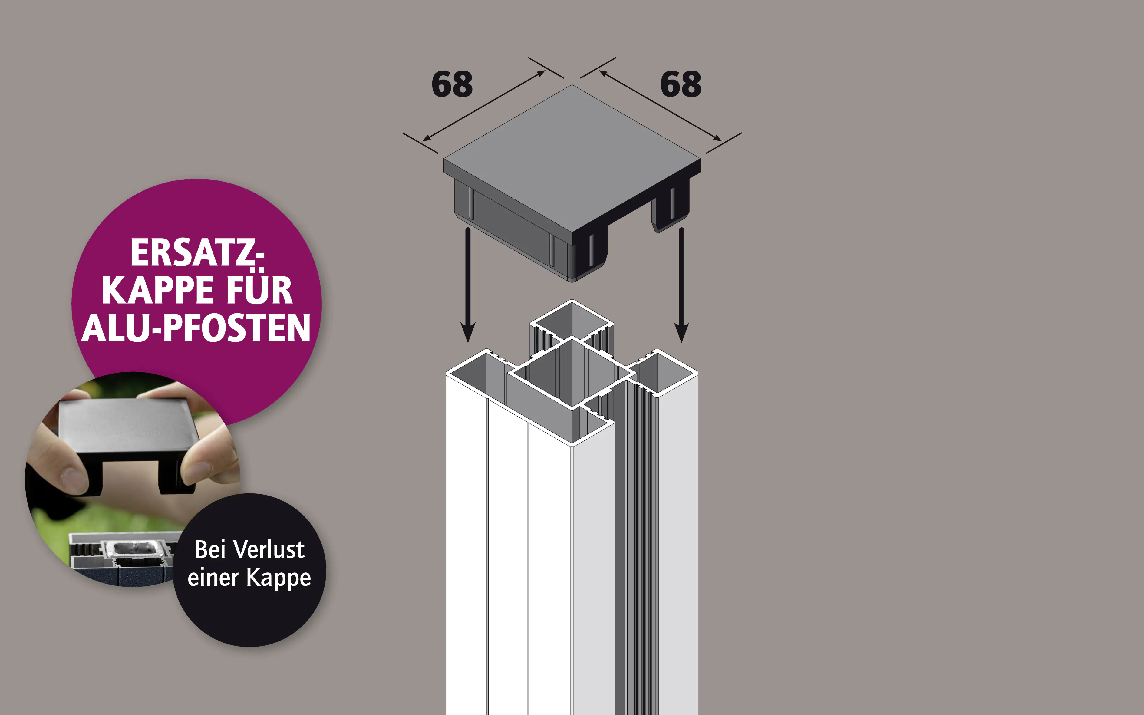 Ambiente Ersatzkappe oben für Alumiunium-Pfosten 68 x 68 mm