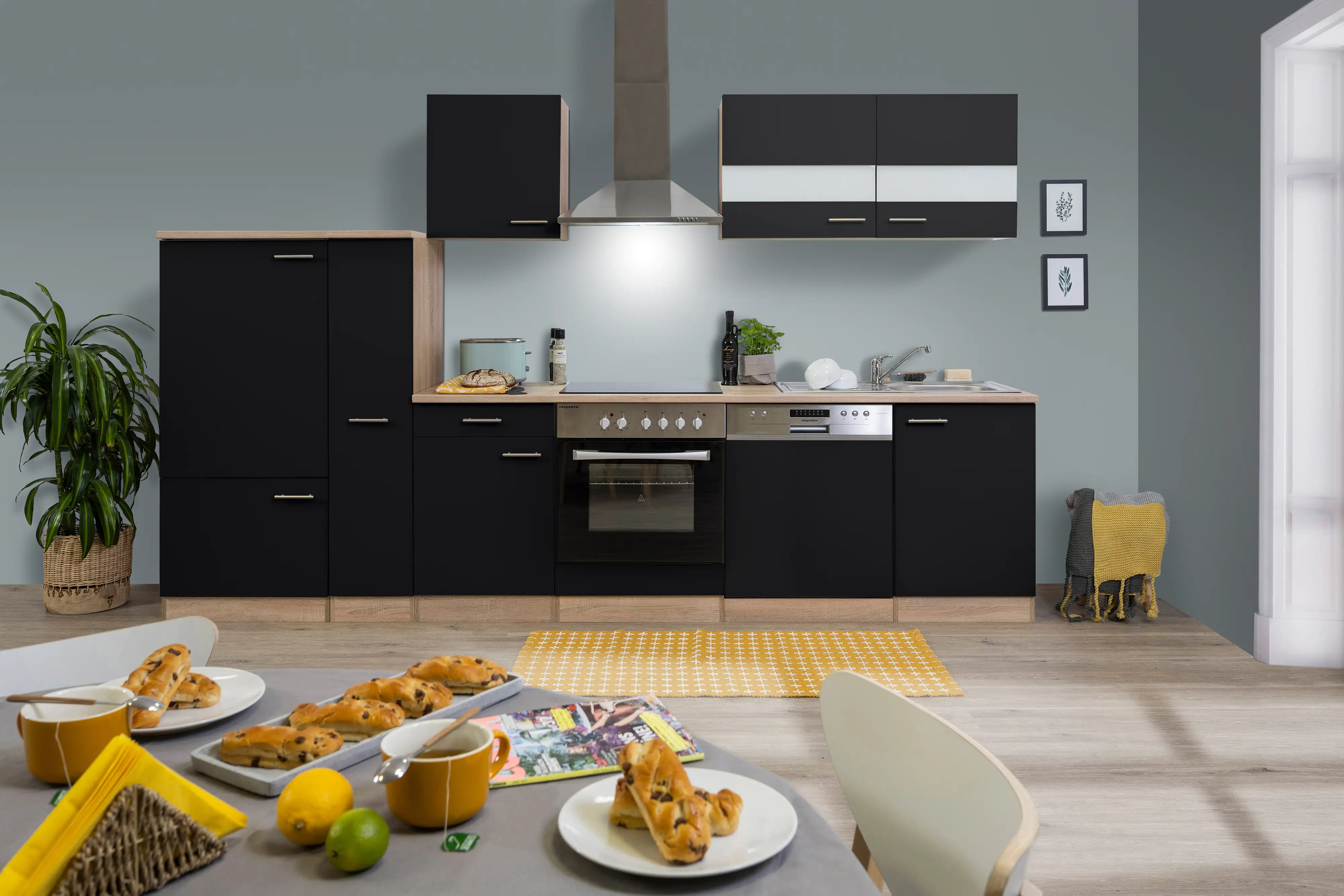 4260344974429 Respekta Economy Küchenblock 310 cm schwarz, Eiche Sonoma, KB310ESSC
