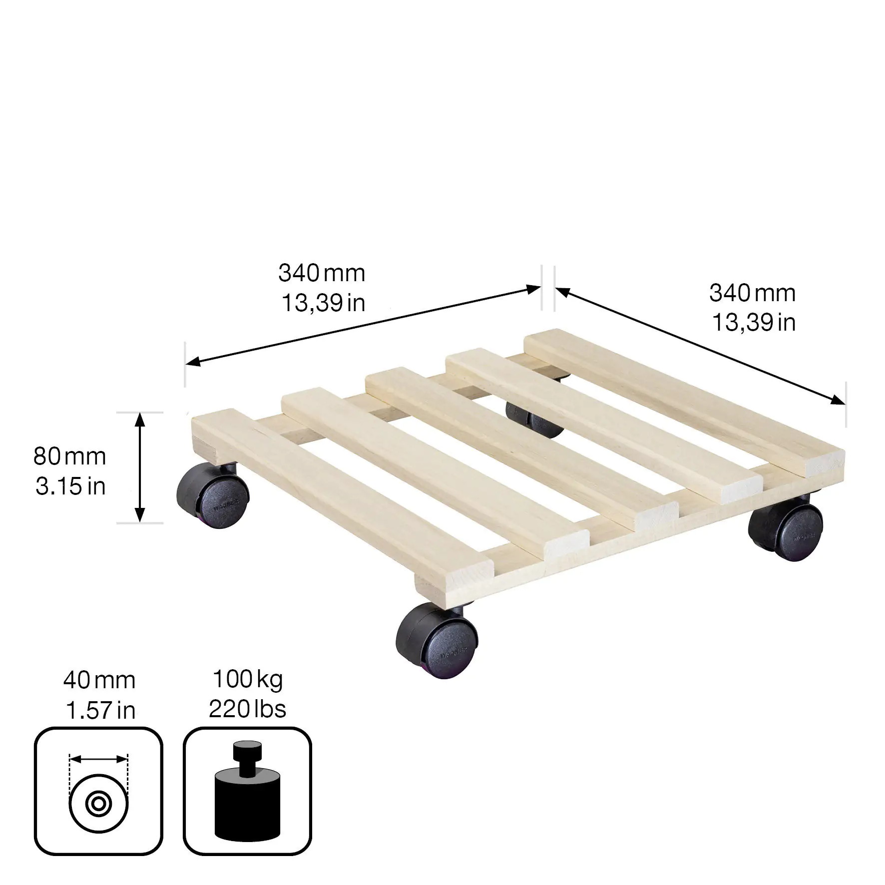 WAGNER Pflanzenroller Buche eckig 34 x 34 cm Tragkraft bis max. 150 kg