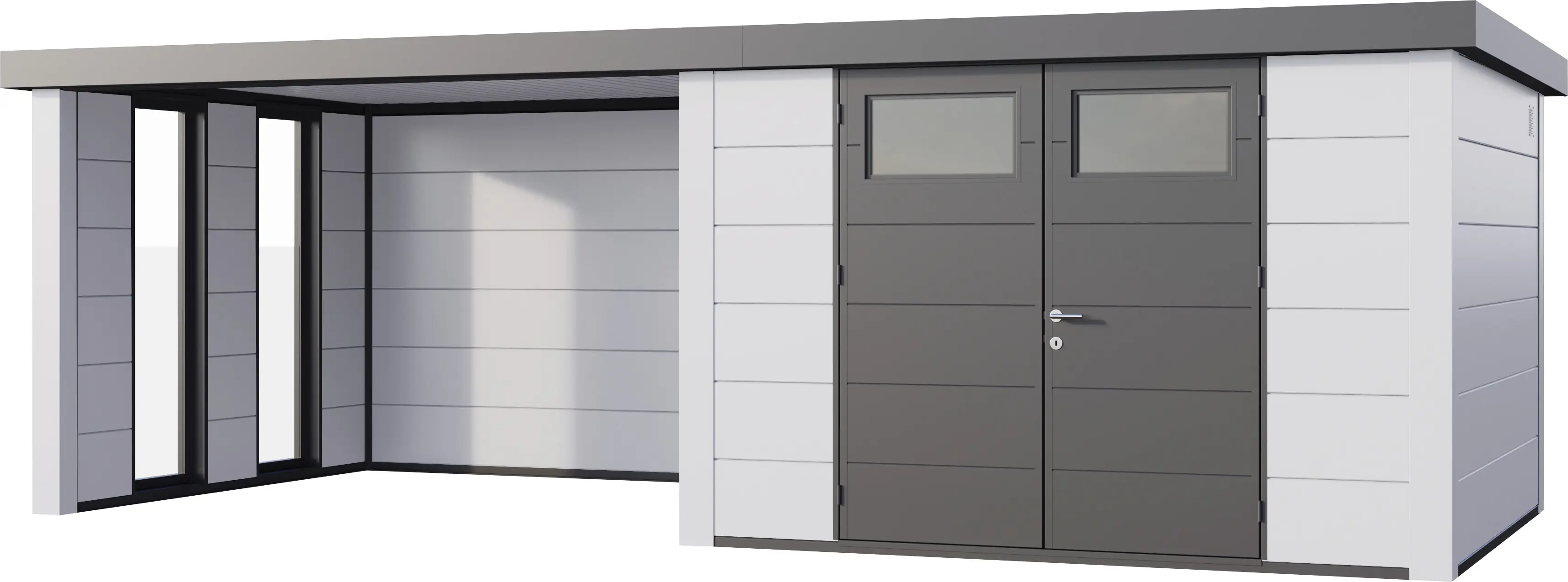 Telluria Gerätehaus Classico Lounge L mit Fenstern 3330 links EW weiß 672 x 298 cm