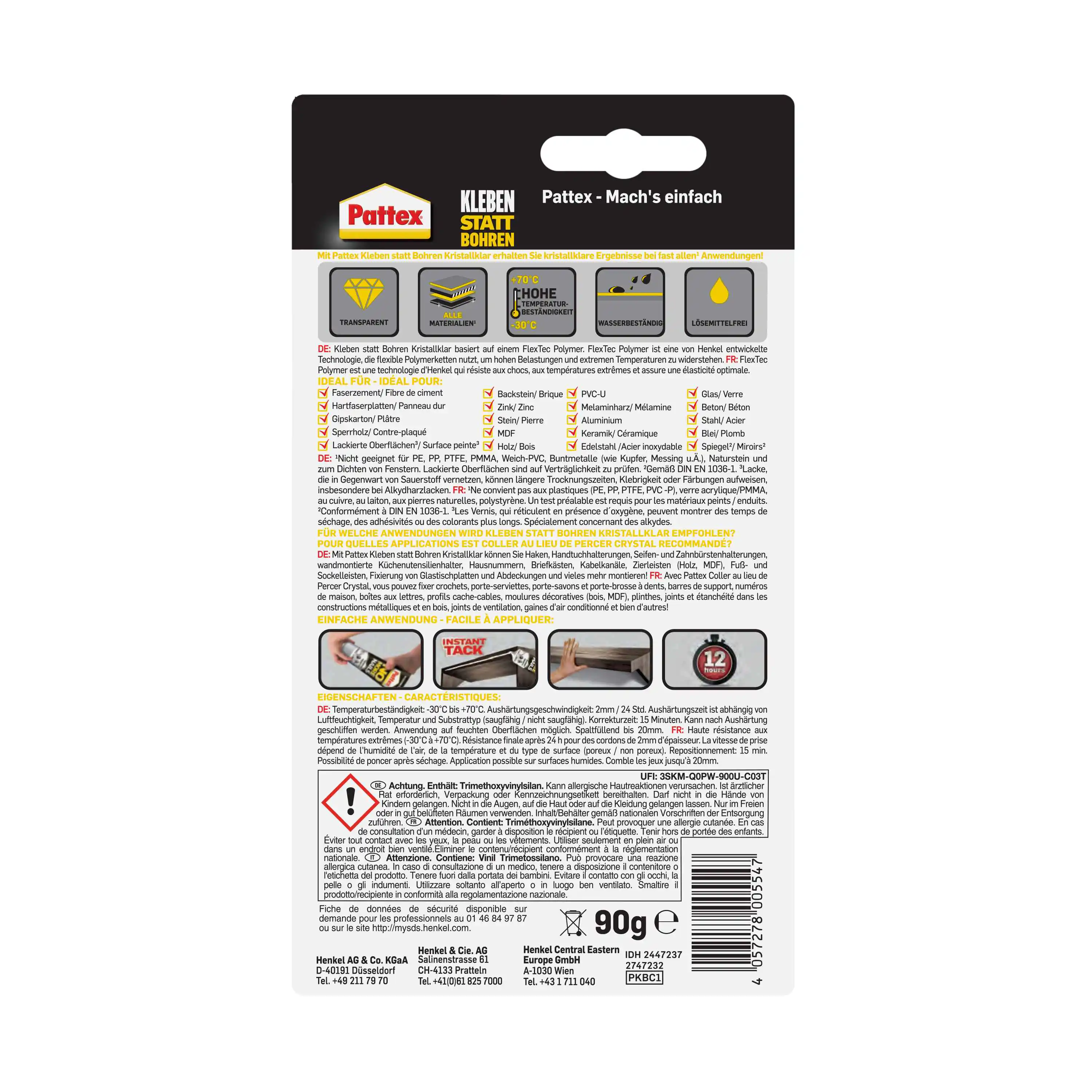 Pattex Montagekleber Kleben statt Bohren Kristallklar 90 g Tube, transparent