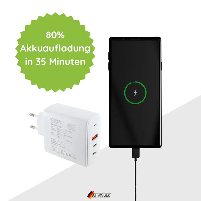 Schwaiger Schnell-Ladeadapter 65 W  2x USB C 1x USB A weiß