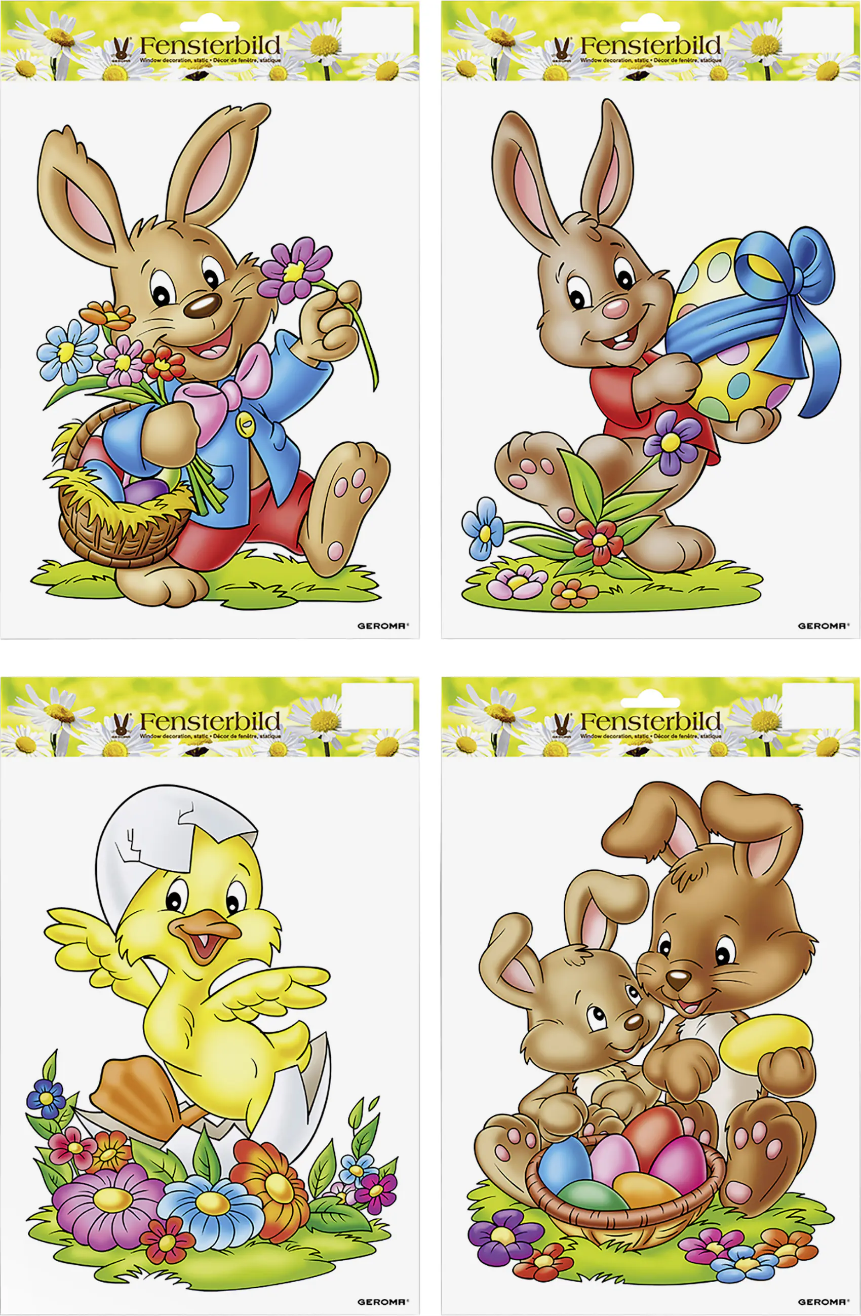 Fensterbild Ostern mit Hasen und Küken bunt