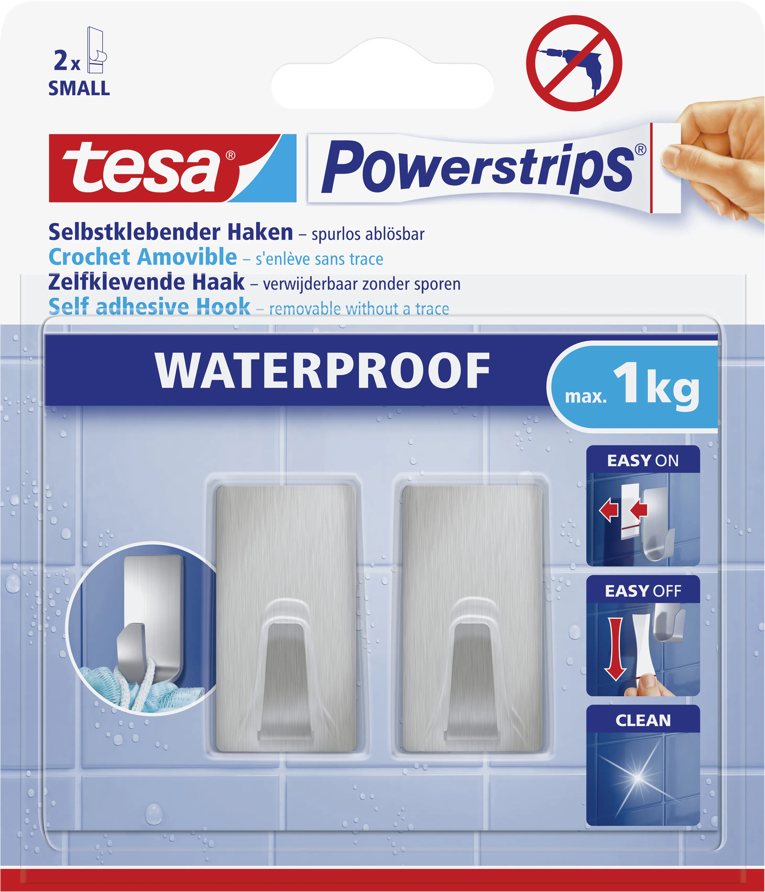 tesa Powerstrips Haken Small Waterproof rechteckig, Edelstahl