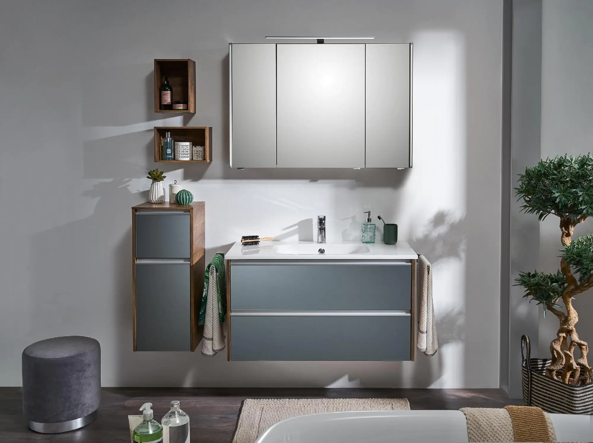 Pelipal Badmöbel-Set 6040 Stahlgrau/Eiche Ribbeck mit Mineralmarmor-Waschtisch+Unterschrank 137cm