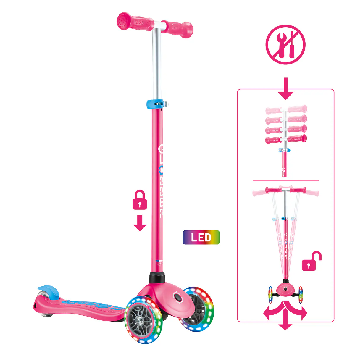 Globber Scooter für Kinder mit Leuchtrollen Primo Plus Lights fuchsia/pink