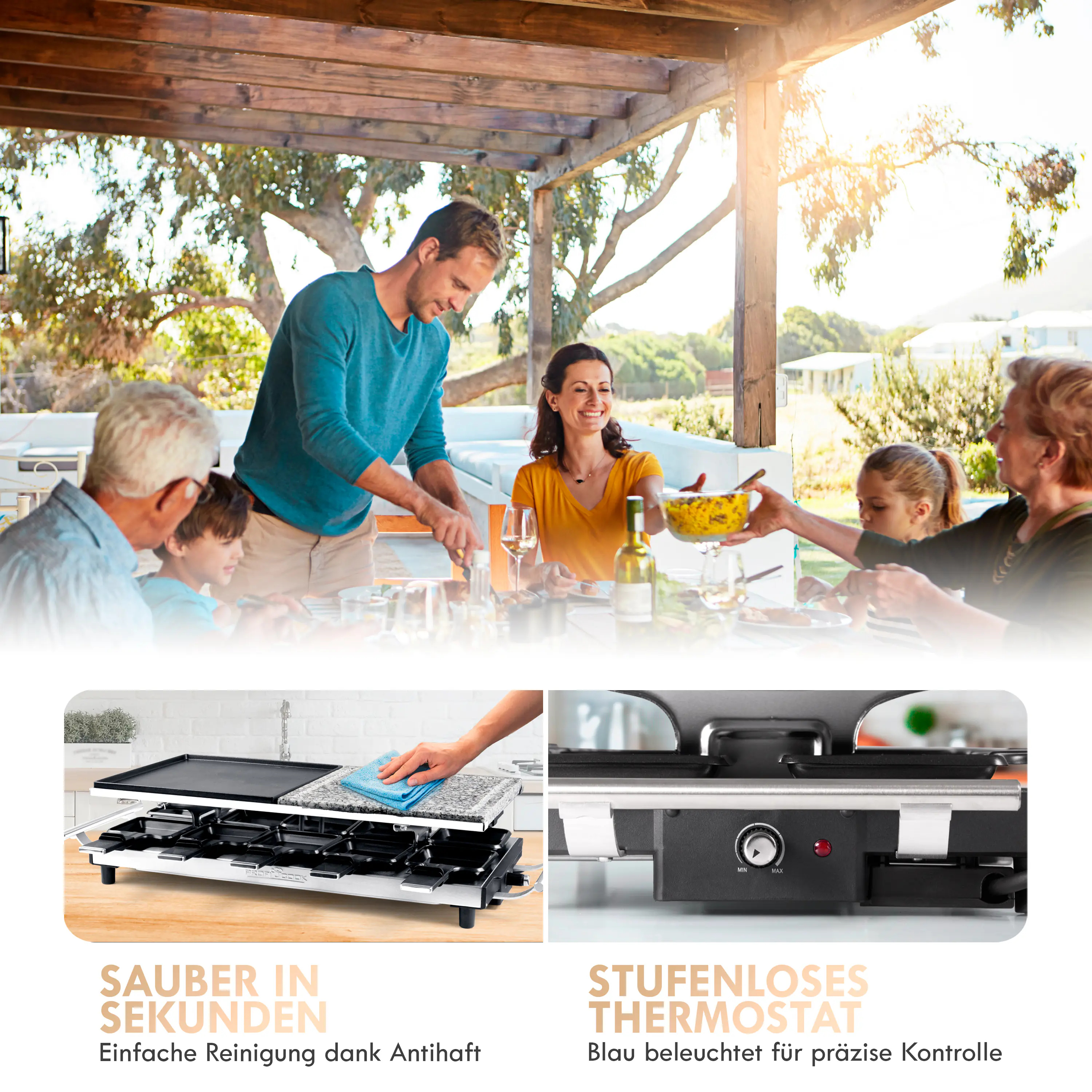 Proficook Raclette RG 1144 Guß/Steinplatte 10 Pfännchen 1700 Watt
