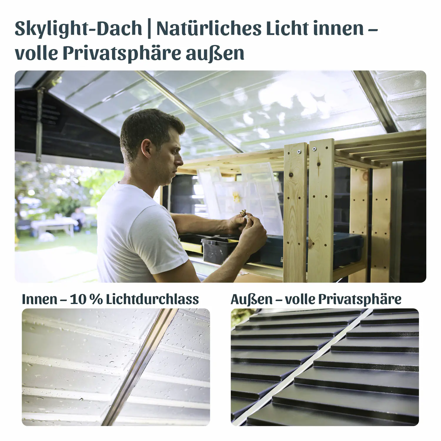 Canopia Gerätehaus Skylight 6x10 mit Solar LED Kit grau 185,4 x 303,6 cm