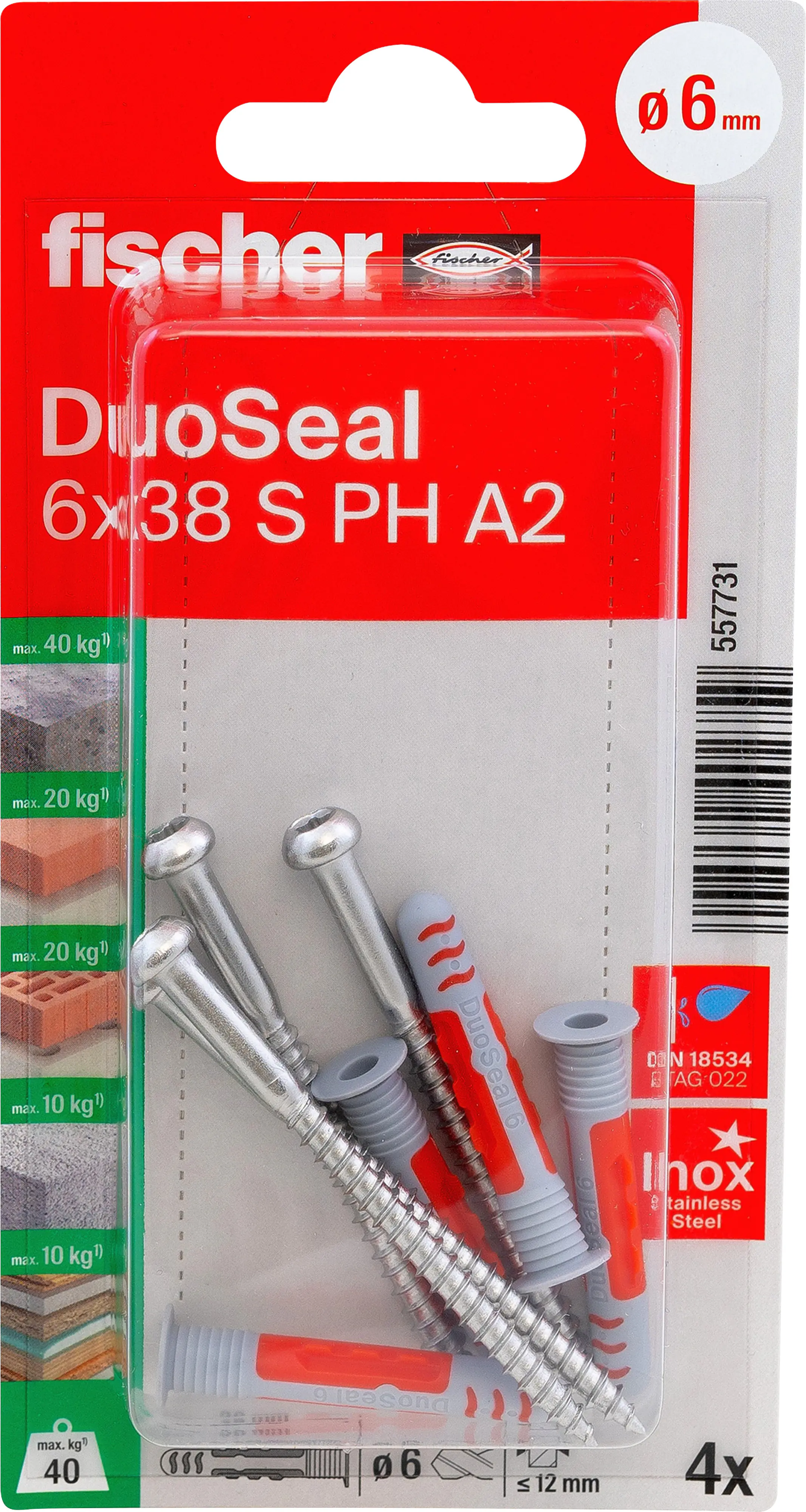 Fischer Dübel DuoSeal PH TX A2 6 x 38 mm mit Schraube - 4 Stück