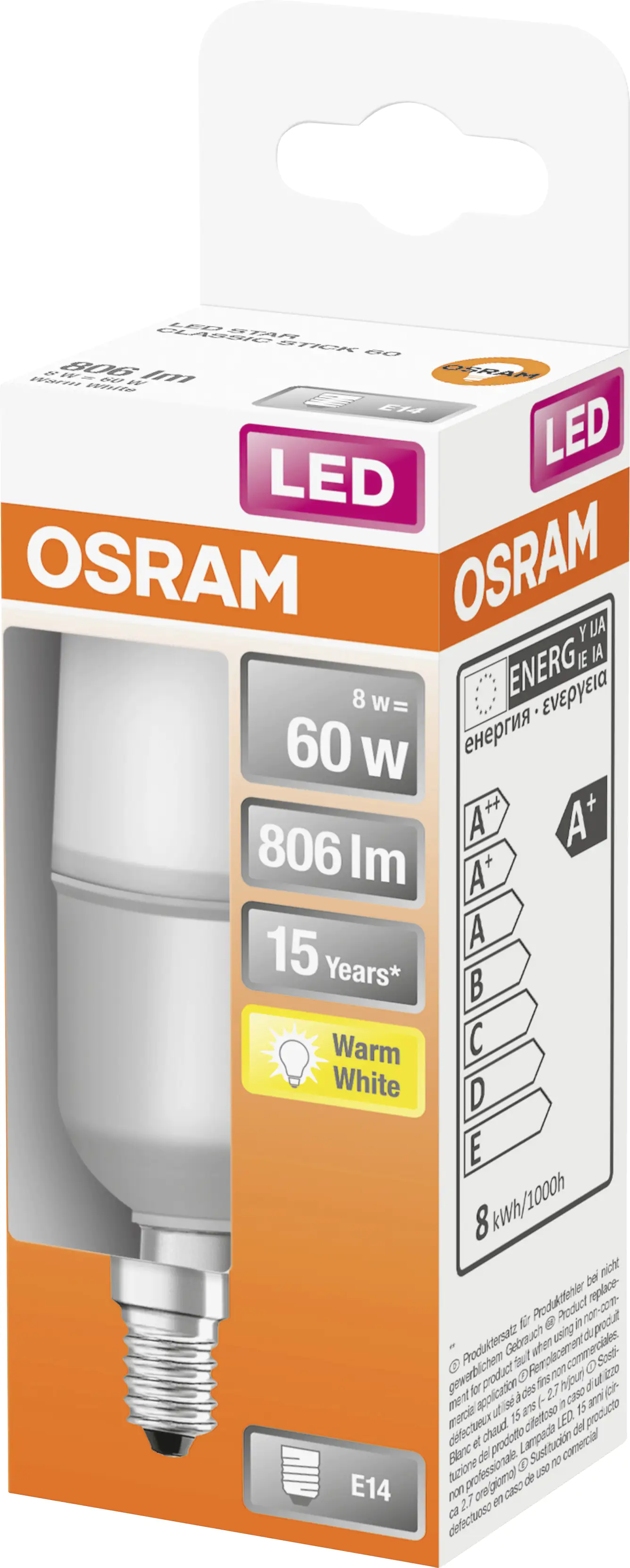 Osram LED Leuchtmittel Stick 60 E14 8W warmweiß, weiß matt