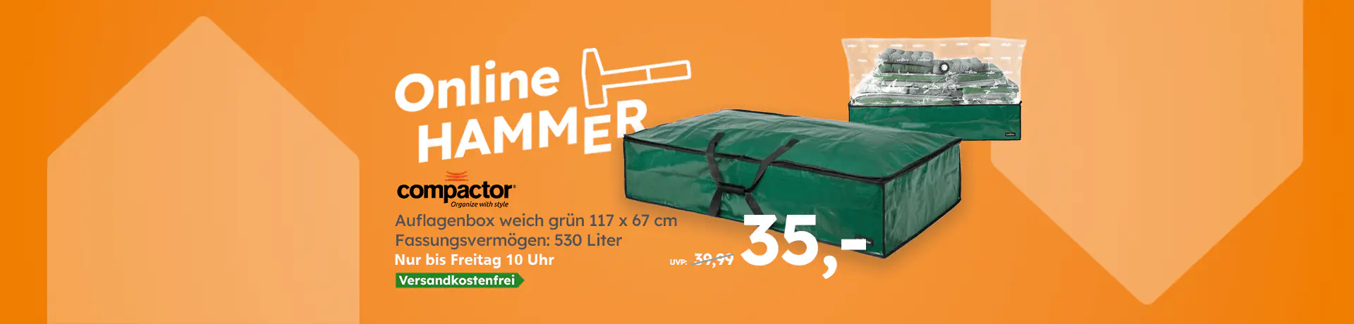 Compactor Auflagenbox weich, grün, 117 × 67 cm, 530 Liter, für 35 €, versandkostenfrei bis Freitag 10 Uhr.