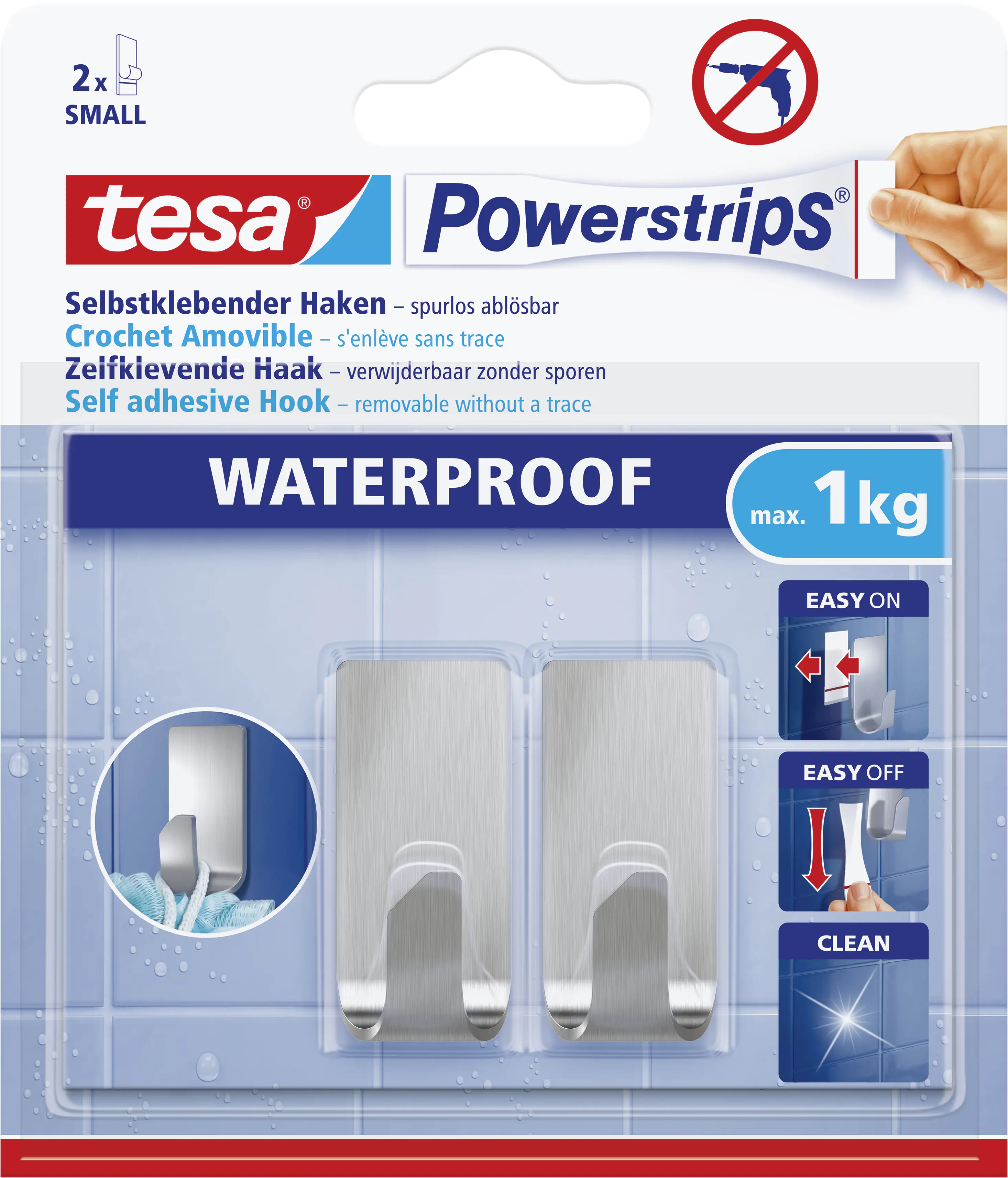 tesa Powerstrips Haken Small Waterproof rechteckig, Edelstahl