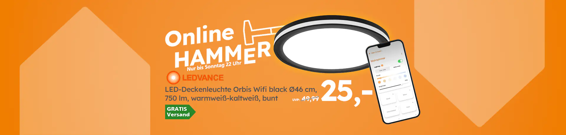 Online Hammer, nur bis Sonntag 22 Uhr: LEDVANCE LED-Deckenleuchte Orbis WiFi, Ø 46 cm, 750 lm, warmweiß–kaltweiß, bunt, 25 €, gratis Versand.