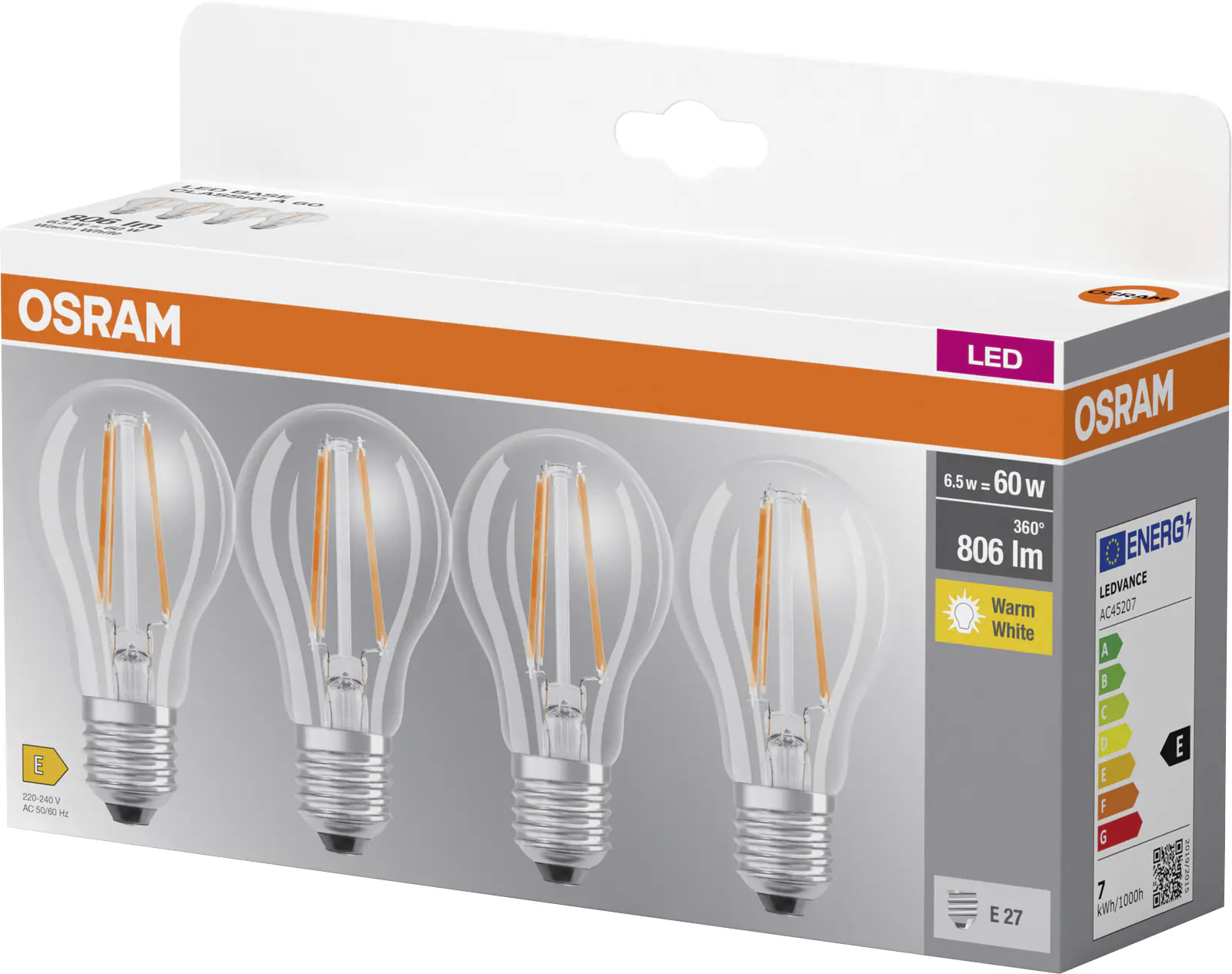 Osram LED Leuchtmittel Base Klassik A60 6,5W, 806lm, 2700K, warmweiß, 4er Pack
