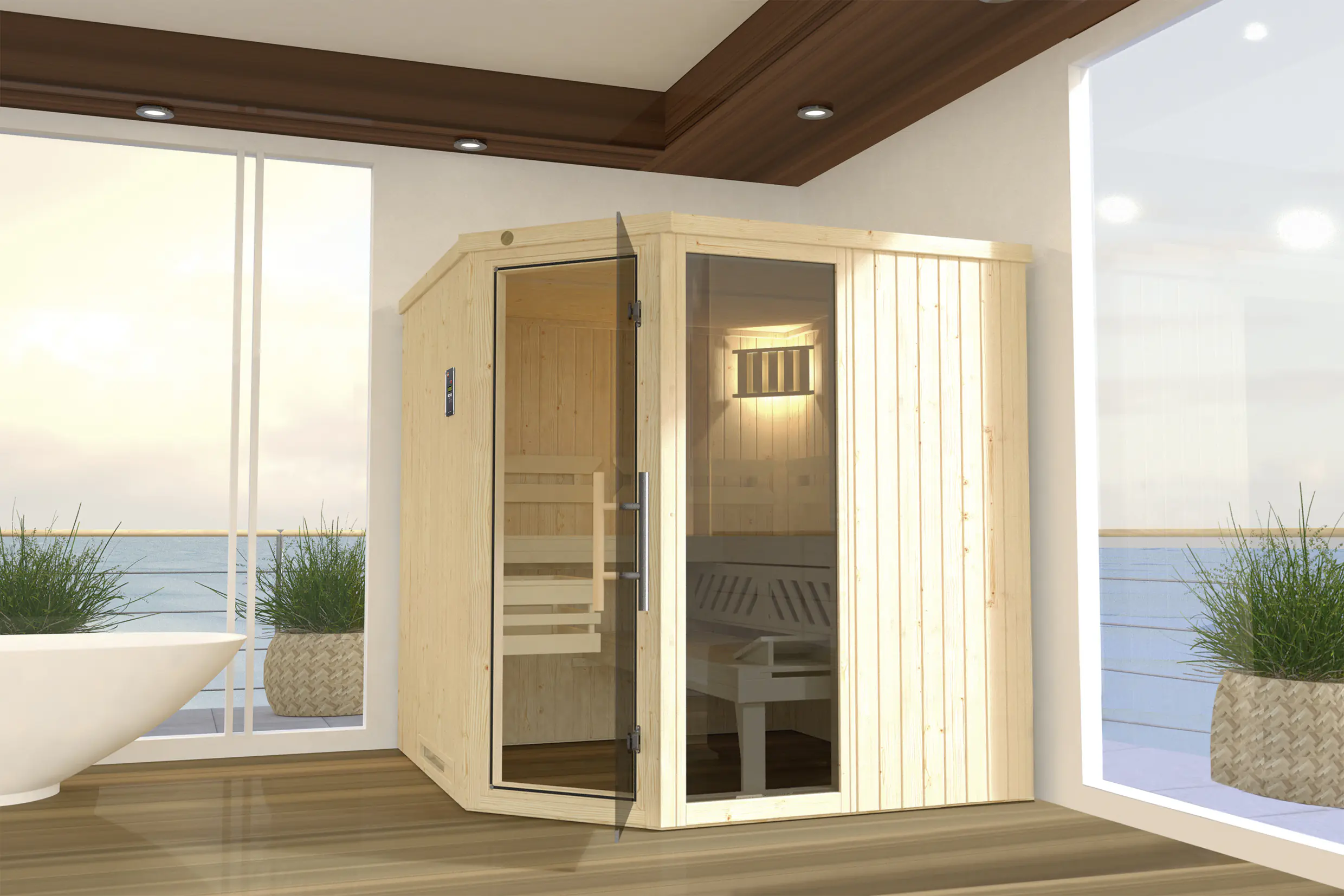 Weka Element-Ecksauna Varberg 3 GTF OS mit Glastür