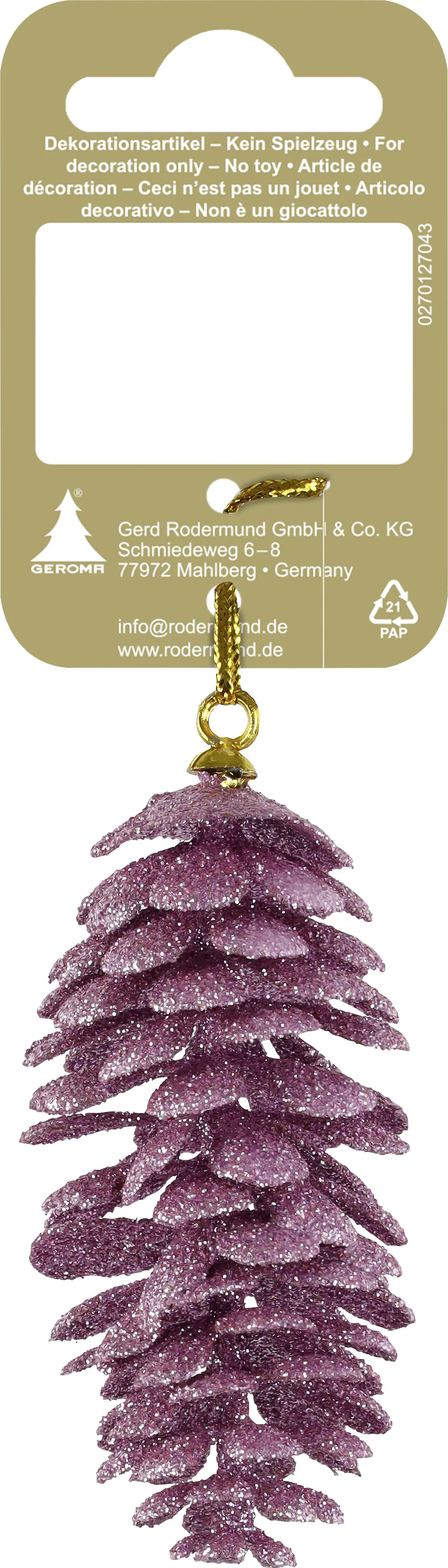 Weihnachtsanhänger Tannenzapfen aus Kunststoff 8 cm rosa