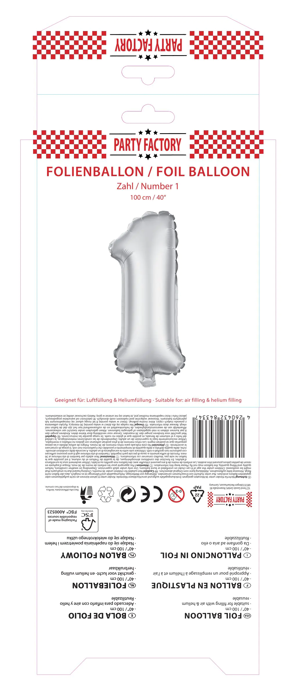 Folienballon Zahl 1 silber 100 cm Folienballon Zahl 1 silber 100 cm