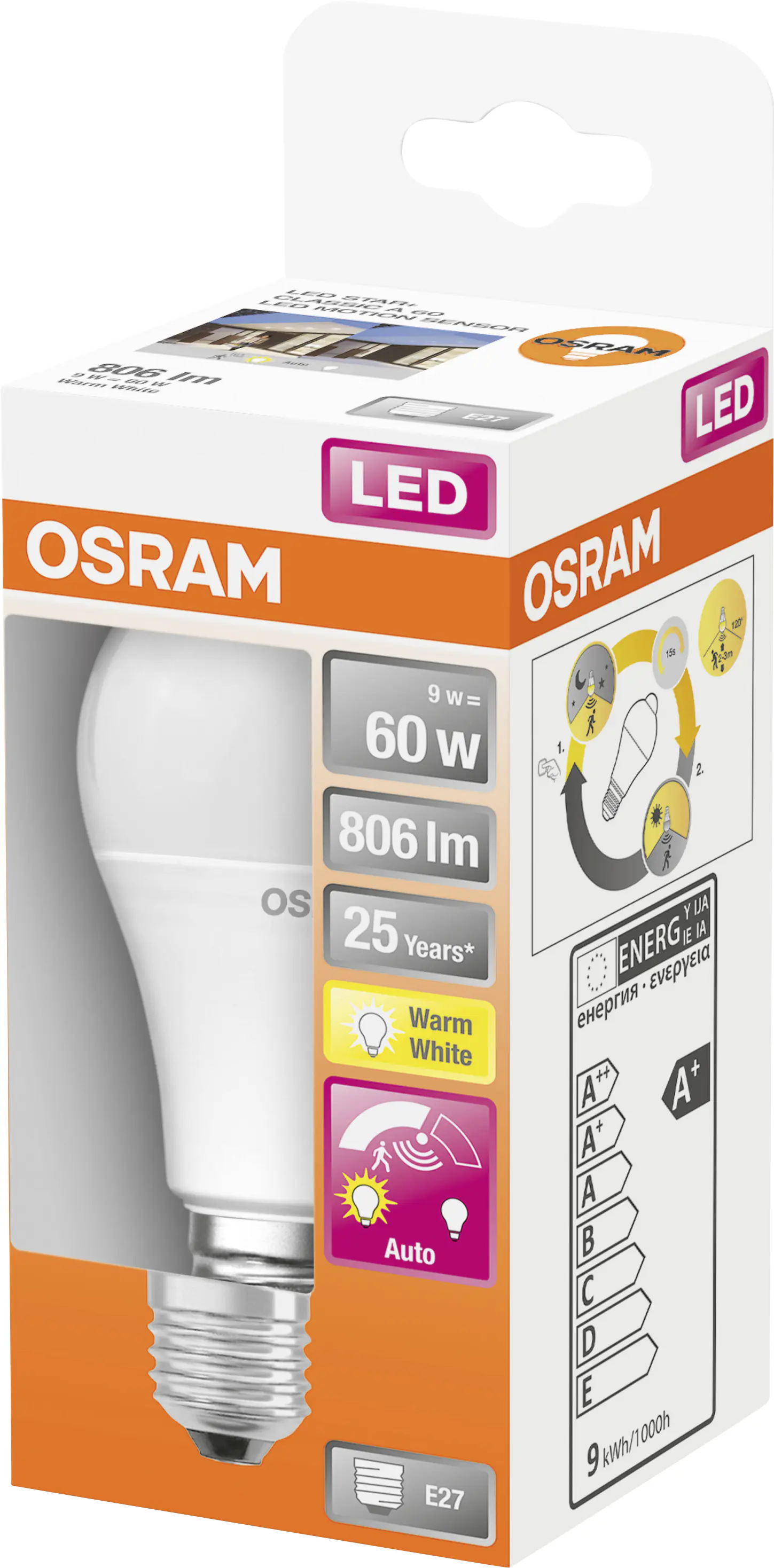Osram LED Leuchtmittel Motion Sensor Classic E27 8,8 W warmweiß, weiß matt
