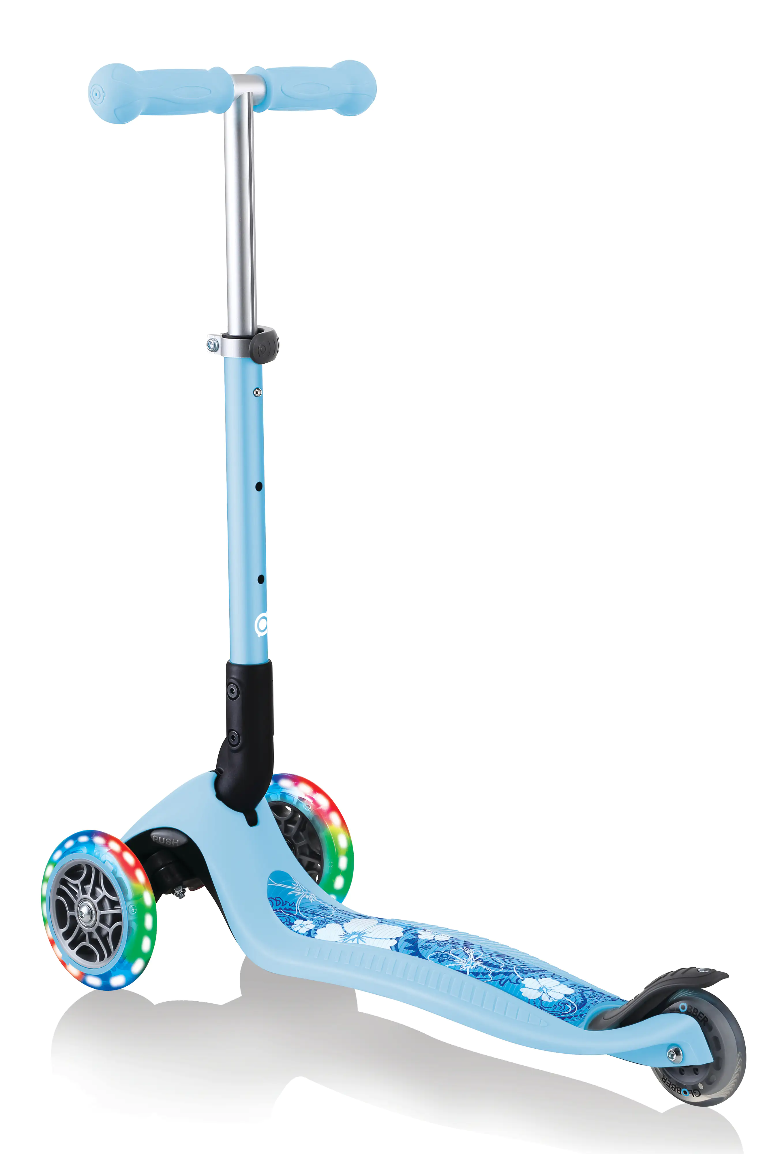 Globber Scooter Junior Foldable Lights pastellblau-Flowers mit Leuchtrollen