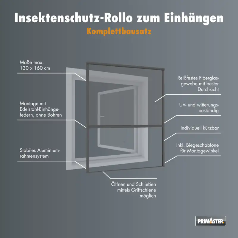 Primaster Fliegenschutz-Rollo 130 x 160 cm anthrazit/anthrazit kürzbar