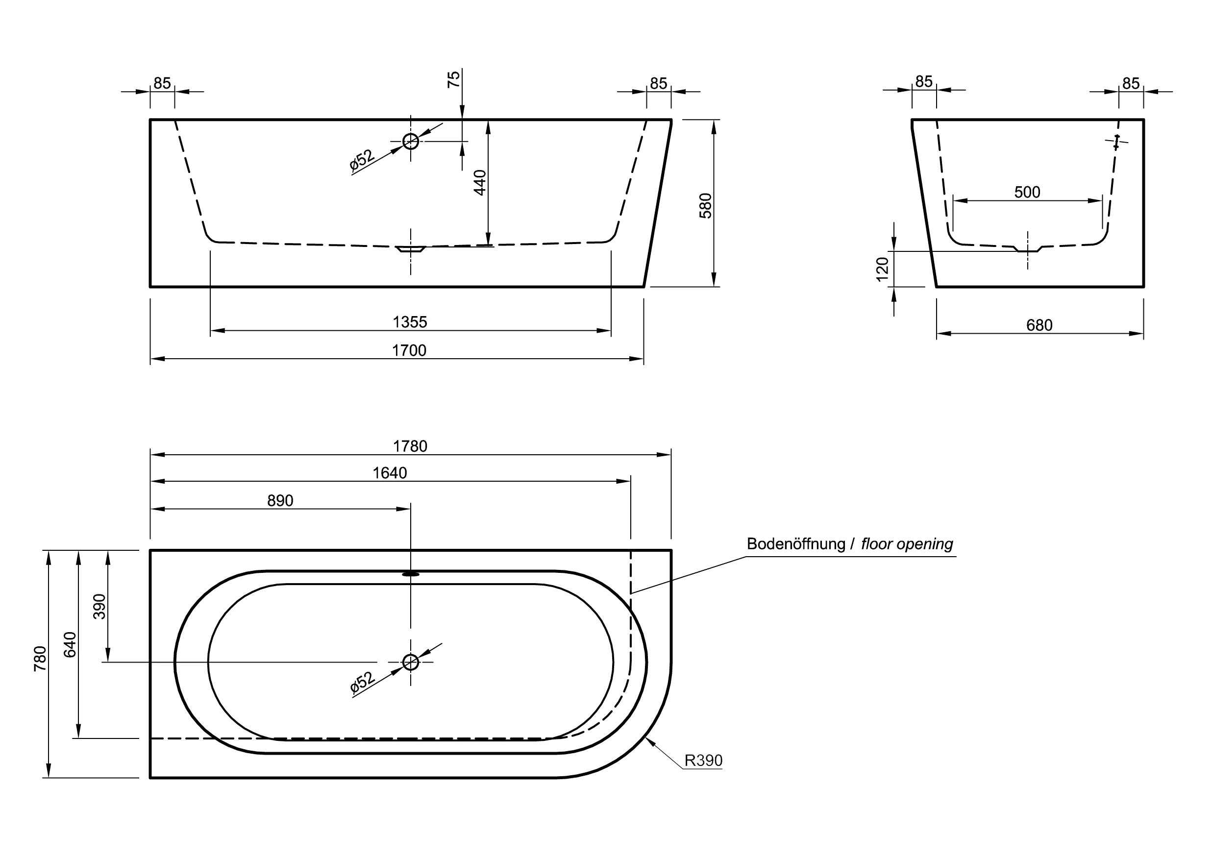 Ottofond Badewanne Modena Corner Schwarz-Weiß rechts 178 x 78 x 44 cm
