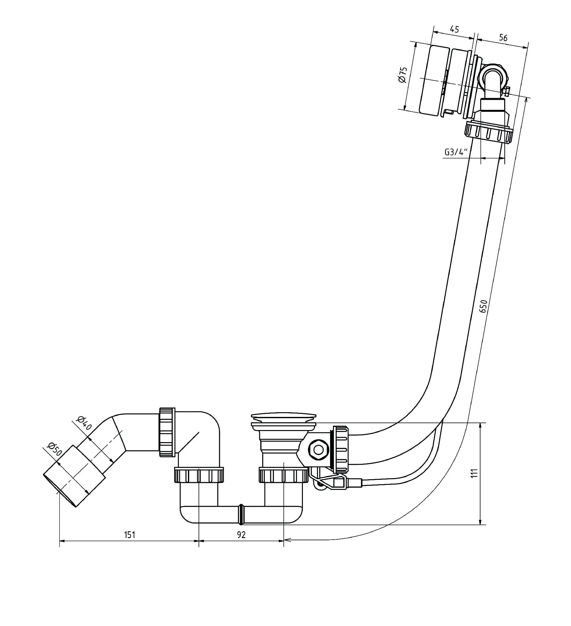 Ottofond Ab- und Überlaufgarnitur für Eckbadewannen, mit Excentergarnitur, mit Wassereinlauf