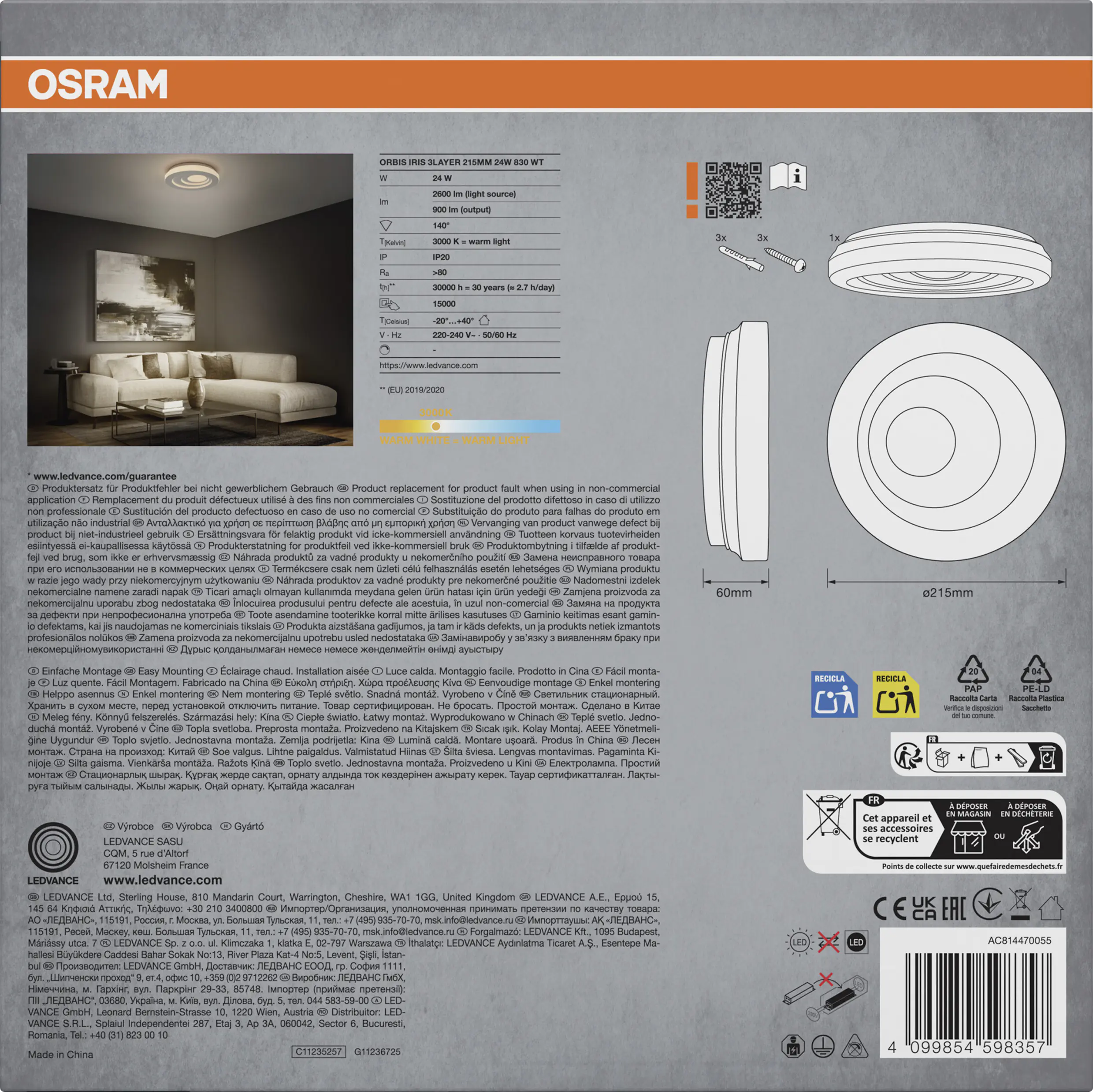 Osram LED-Deckenleuchte Orbis Iris Ø 21,5 cm 3Layer 24 W weiß warmweiß