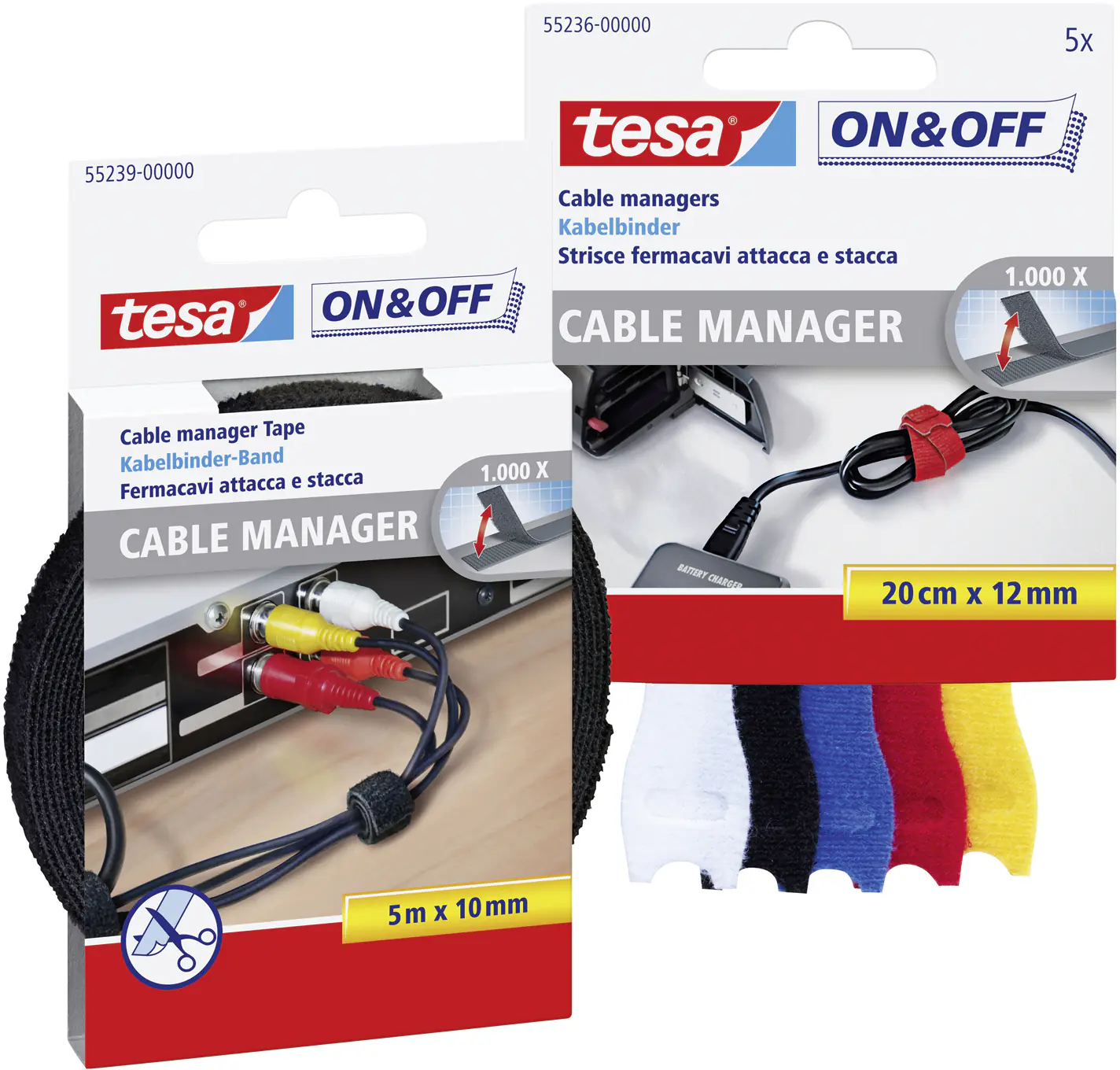 tesa On & Off Klett Kabelbinder 20 cm x 12 mm, weiß/schwarz/blau/rot/gelb