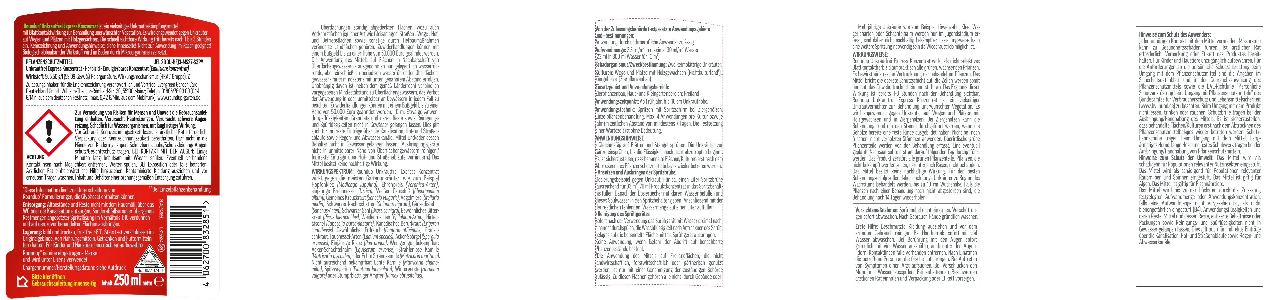 4062700832851_1 Roundup Unkrautfrei Express Konzentrat 250 ml