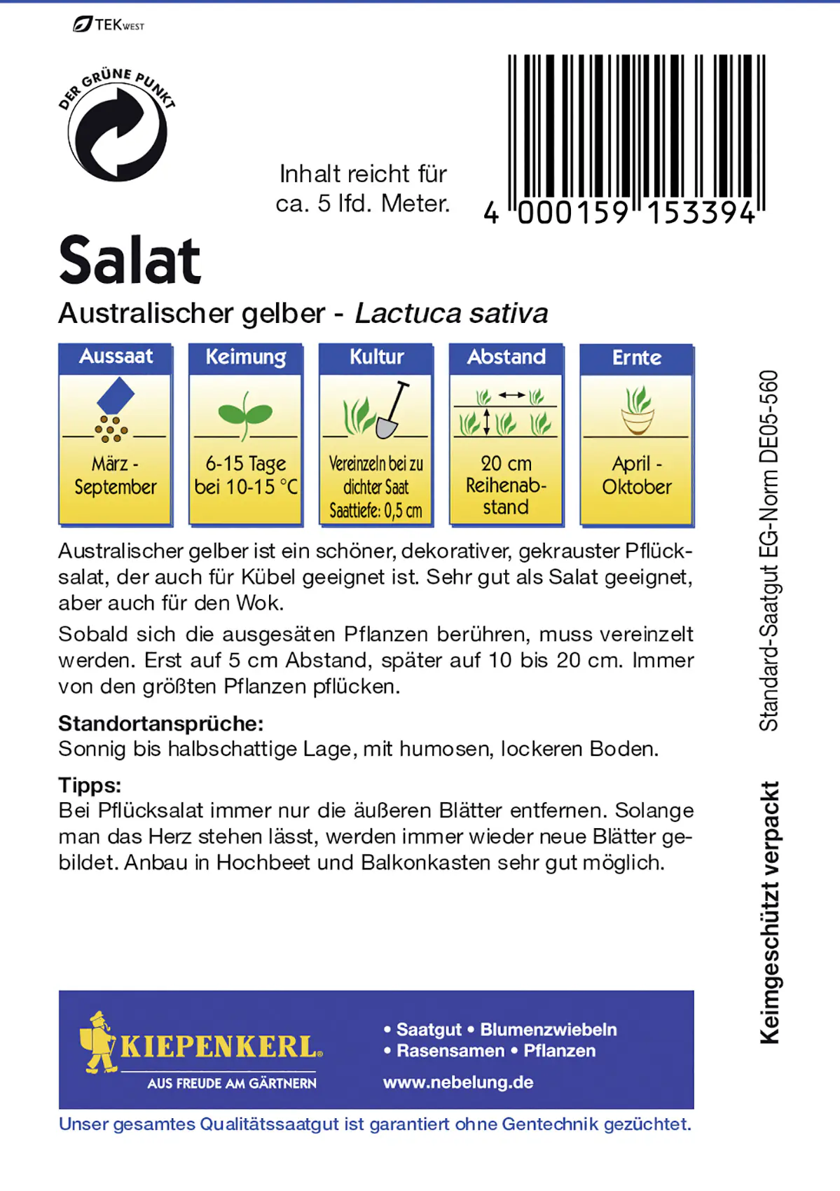Kiepenkerl Pflücksalat Australischer gelber Lactuca sativa, Inhalt: ca. 5 lfd. Meter