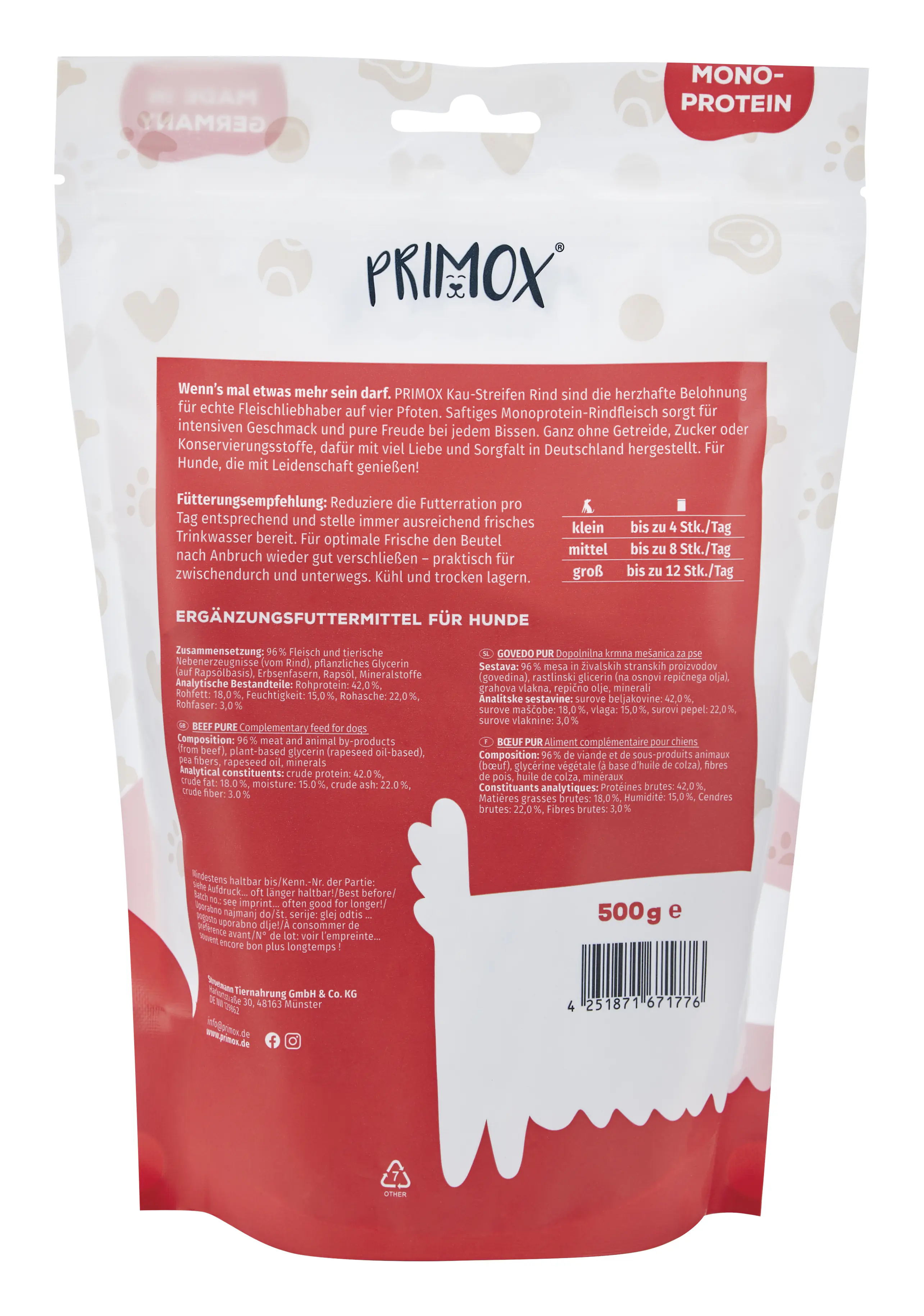 Primox Hundeleckerli Snack-Streifen getreidefrei 500 g Rind
