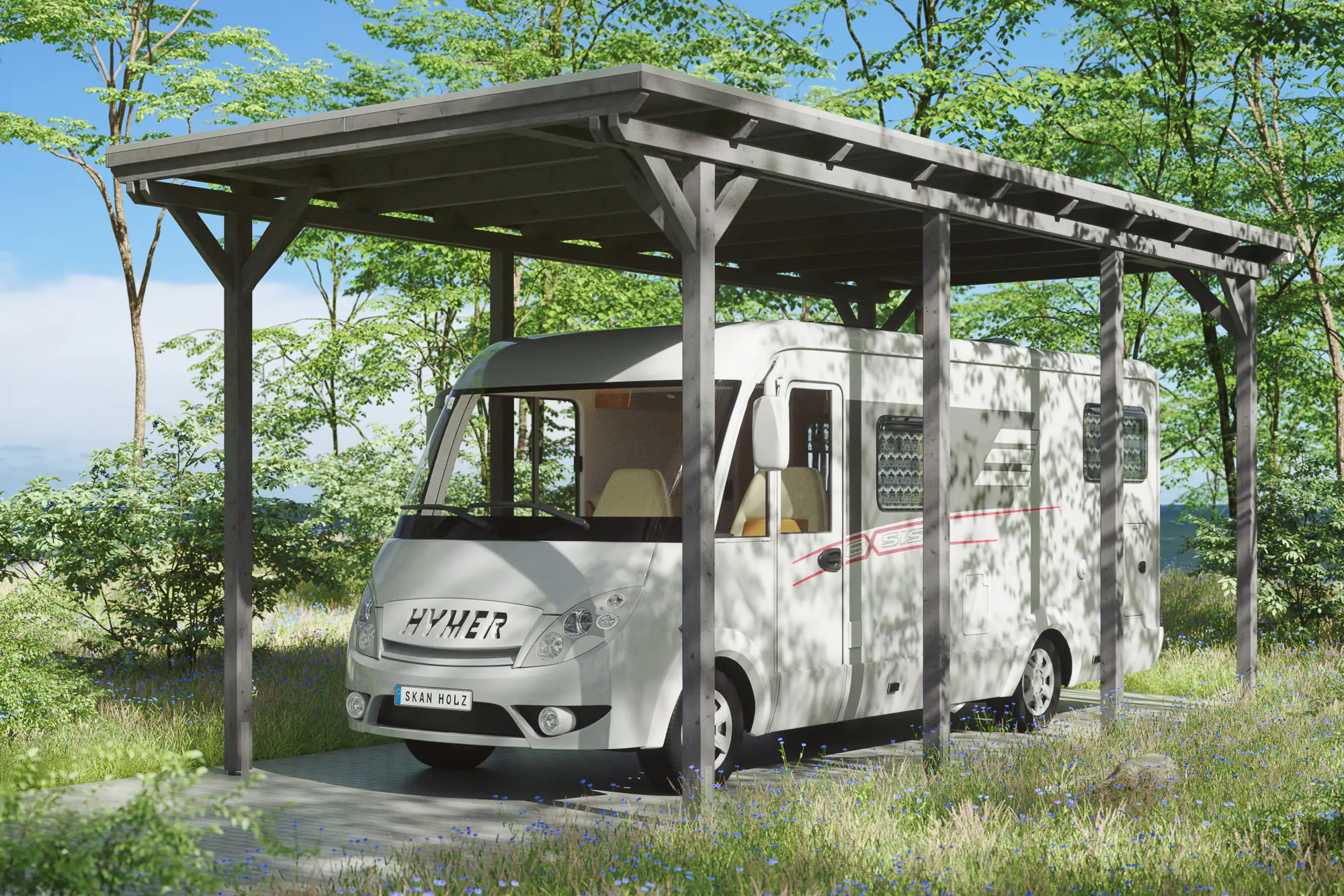 SKAN HOLZ Carport Emsland Caravan 404 x 846 cm, lasiert in Schiefergrau