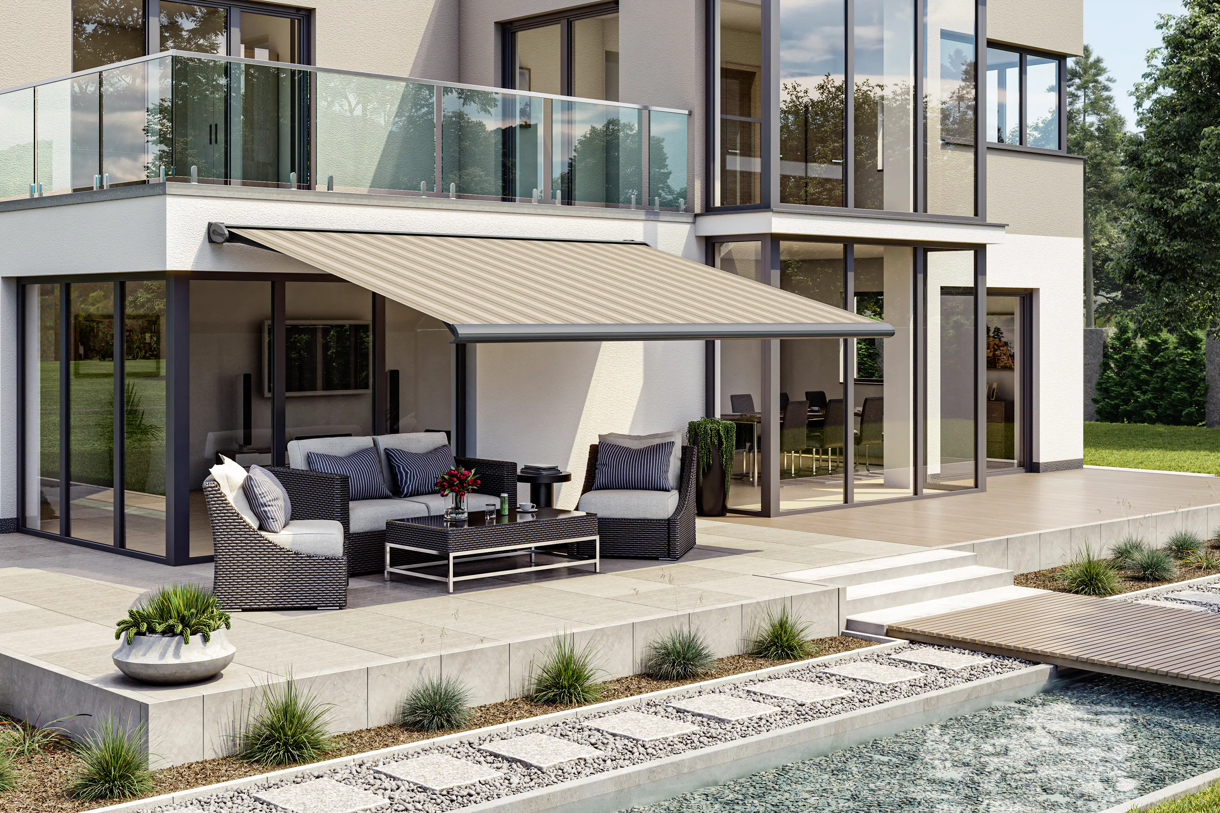 Kassettenmarkise S-Compact beige-braun gestreift inkl. Motor, Aufputzschalter