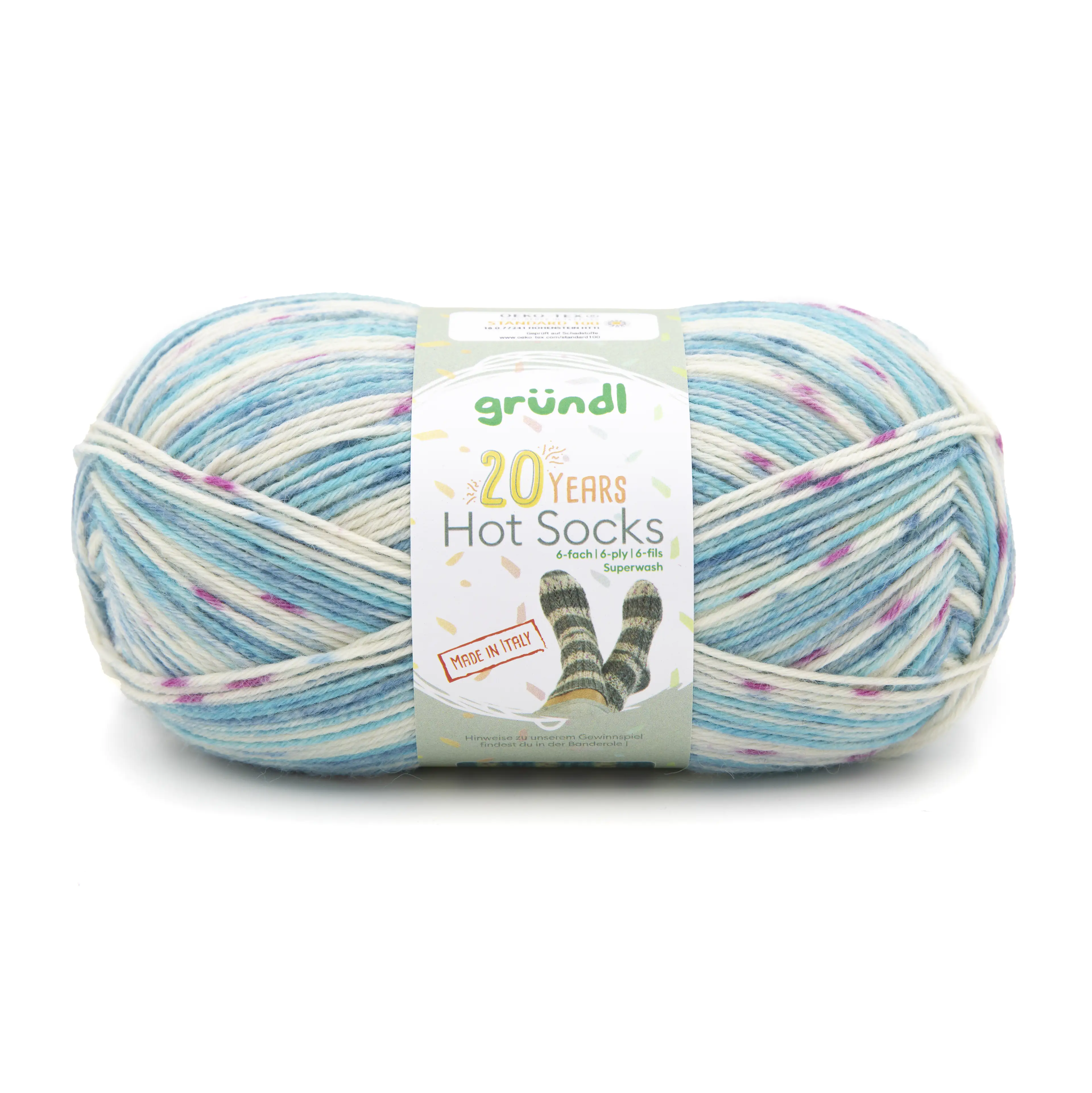 Gründl Hot Socks 20 Years 150 g 6-fach, blau-kirschrot-topas-weiß-meliert