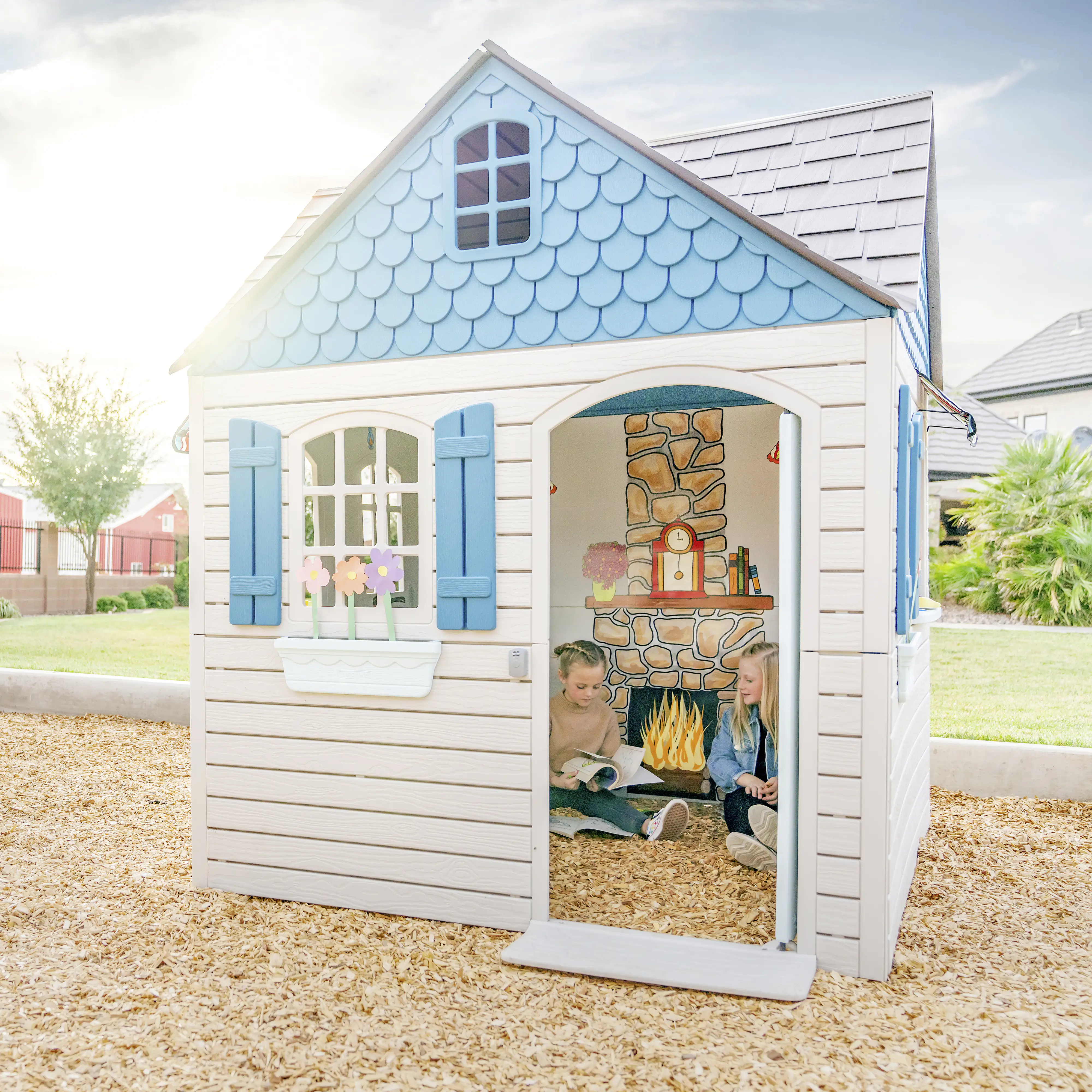 0081483820927_3018931 Lifetime Kinderspielhaus Flipper Gartenhaus Spielgerät lichtgrau blau 186 x 186 cm