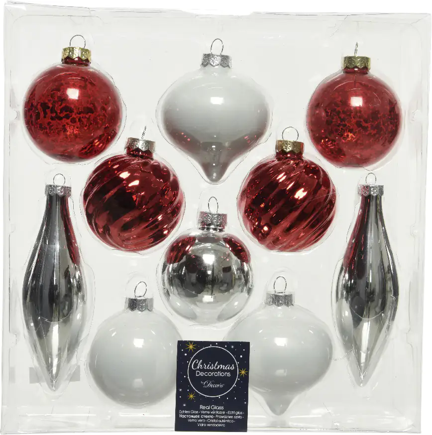 Kaemingk Weinachtsbaumkugel Sortiment aus Glas rot weiß - 10 Stück
