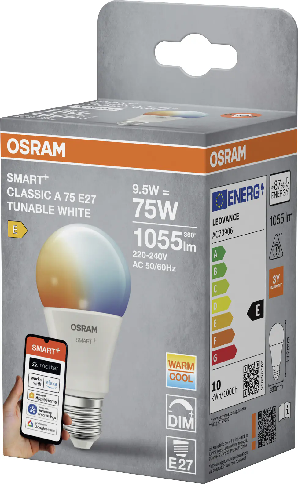 Osram SMART+ Matter Leuchtmittel E27 Classic 9.5W CCT matt 