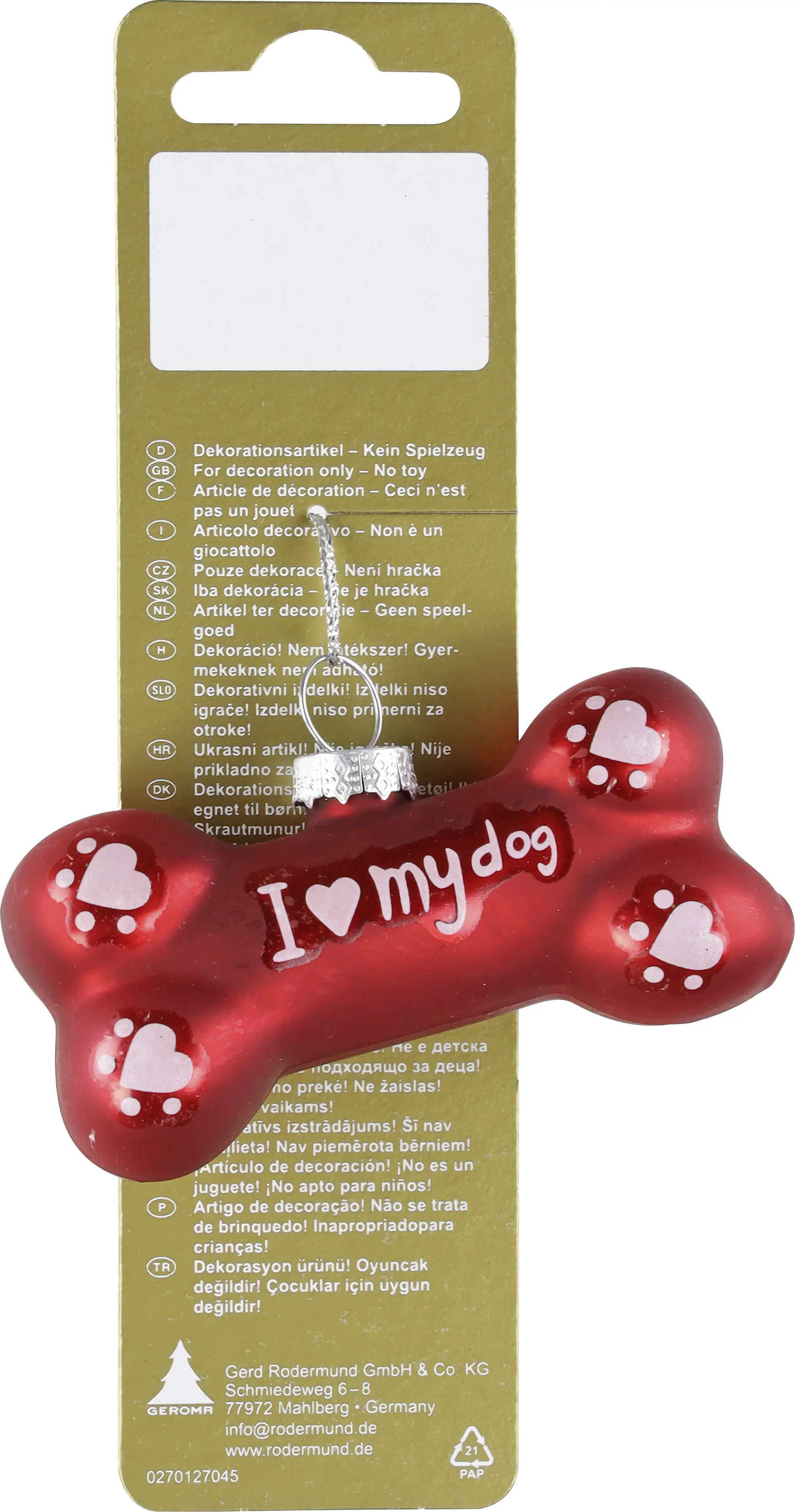 Weihnachtsanhänger Kauknochen aus Glas 8 x 3,9 cm rot