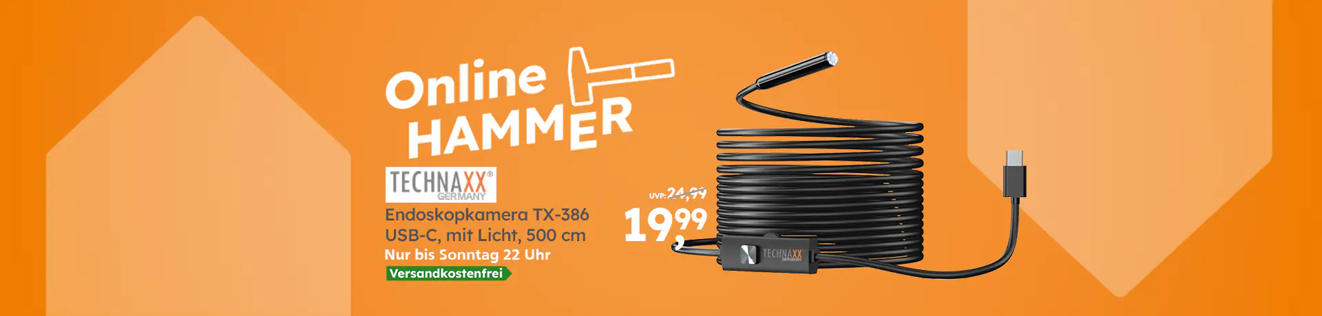 Online Hammer: Technaxx Endoskopkamera TX-386 USB-C mit Licht, 500 cm, 19,99 € statt UVP 24,99 €. Nur bis Sonntag, 22 Uhr, versandkostenfrei.