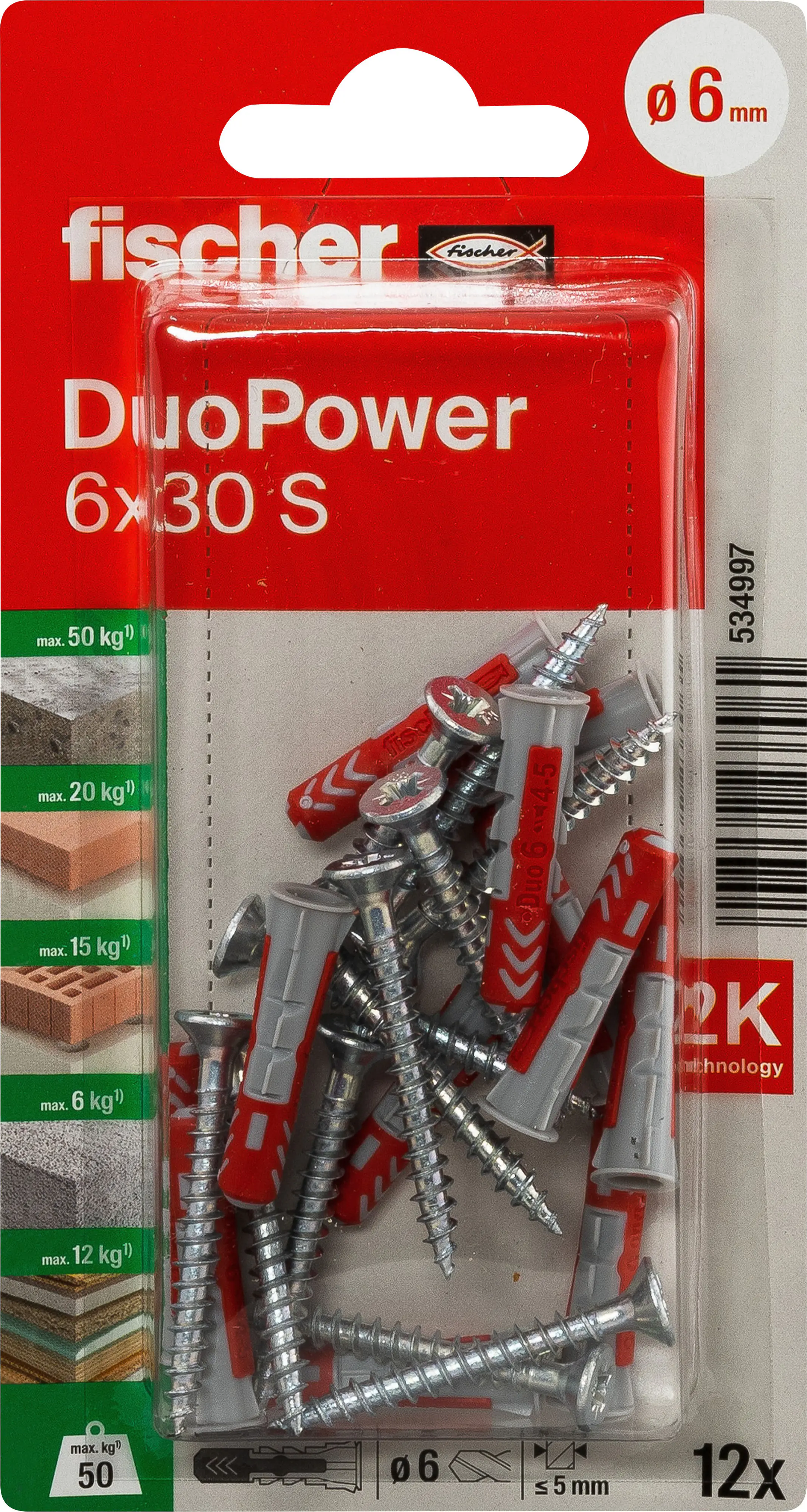 Fischer Dübel-Set DuoPower S 6 x 30 mm mit Schraube - 12 Stück