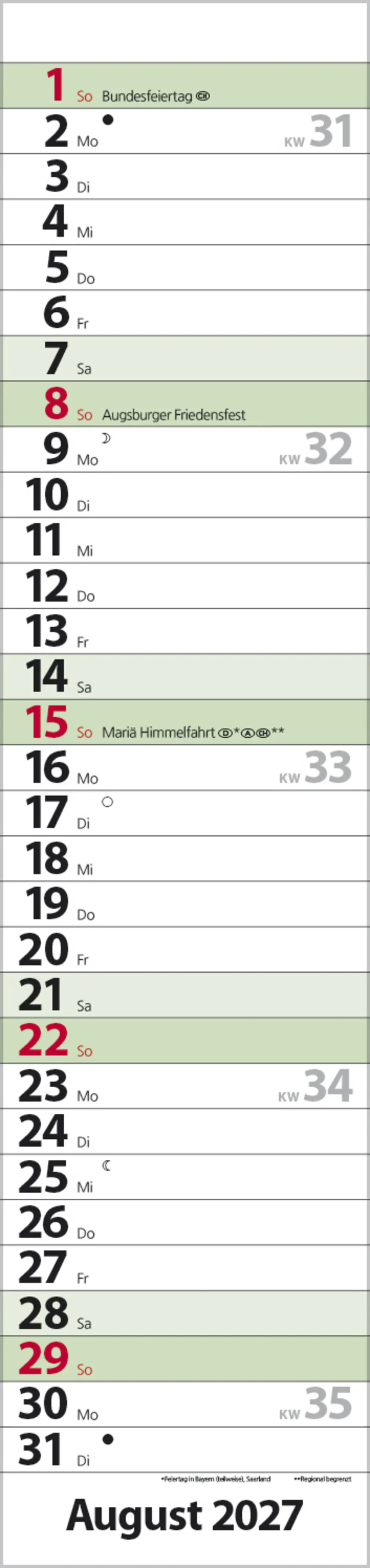 Korsch Kalender Streifenplaner Compact 2027 dunkelgrün 