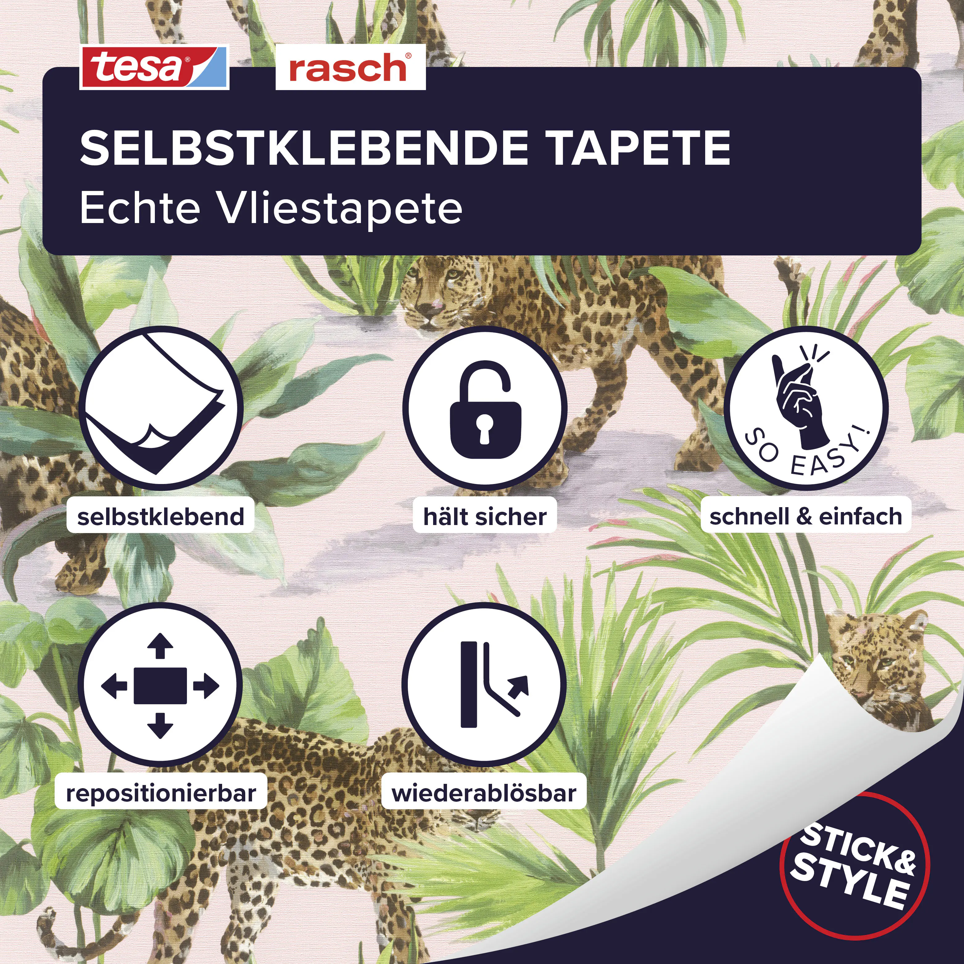 Tesa x Rasch selbstklebende Tapete Savanna Leopard braun grün 6 x 0,53 m 