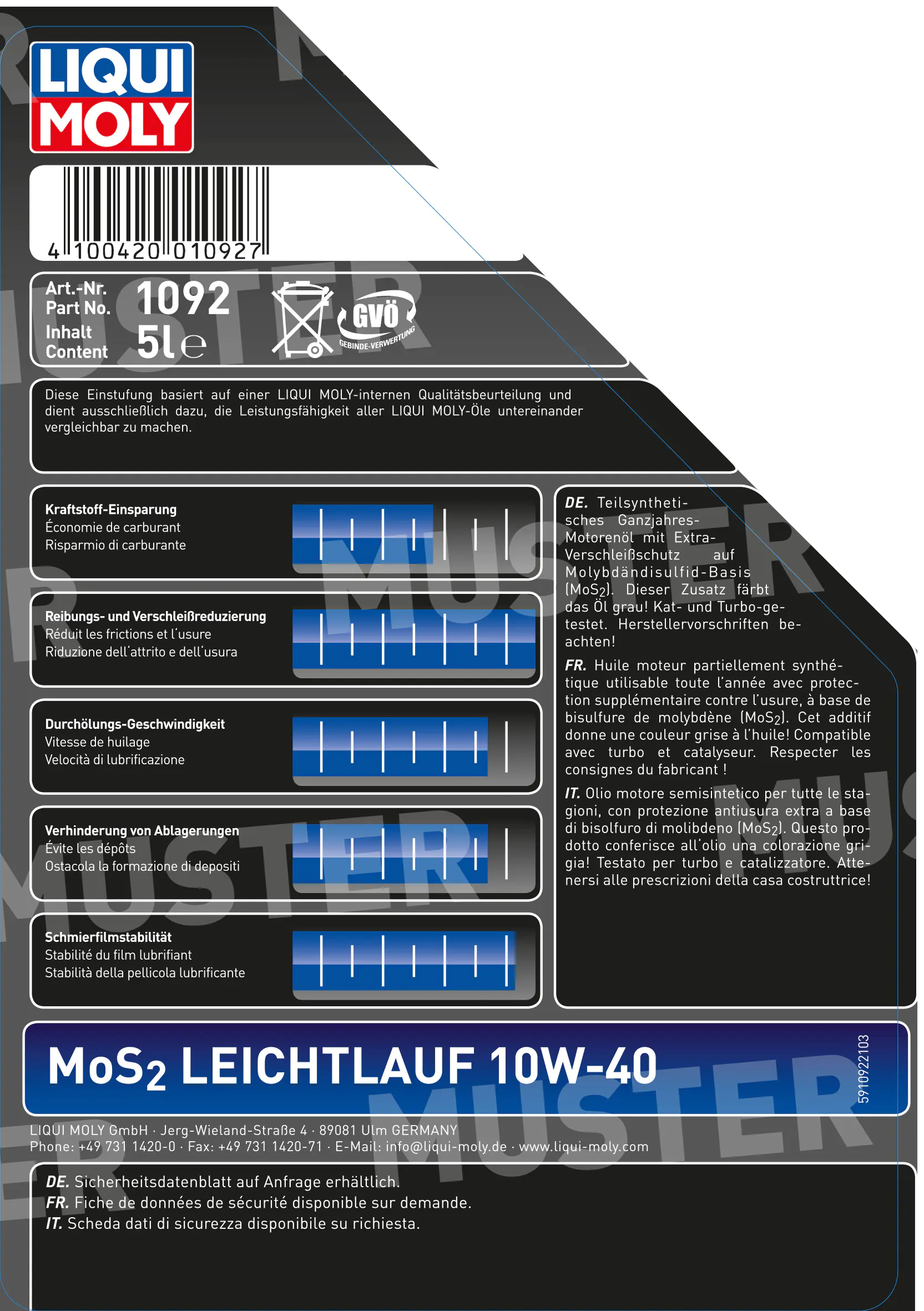 Liqui Moly Motoröl MoS2 Leichtlauf 10W-40 5 L
