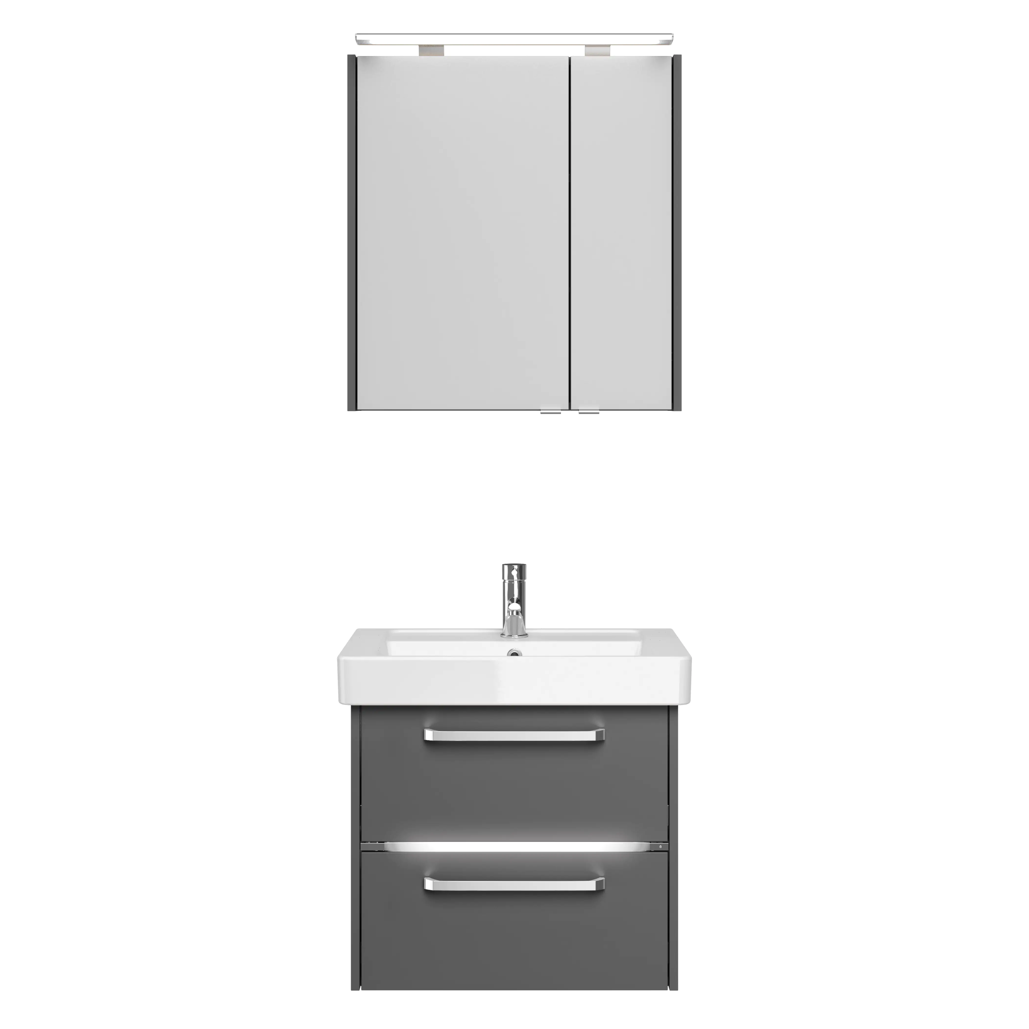 Primaster Badmöbel-Set Berlin grau 65 cm LED-Leuchten, Keramikwaschtisch