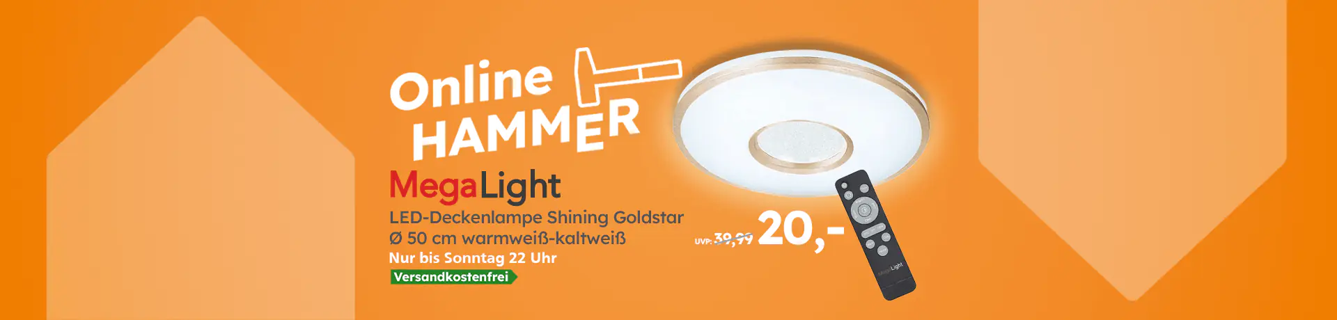 MegaLight LED-Deckenlampe Shining Goldstar, Ø 50 cm, warmweiß–kaltweiß, für 20 €, versandkostenfrei bis Sonntag 22 Uhr.