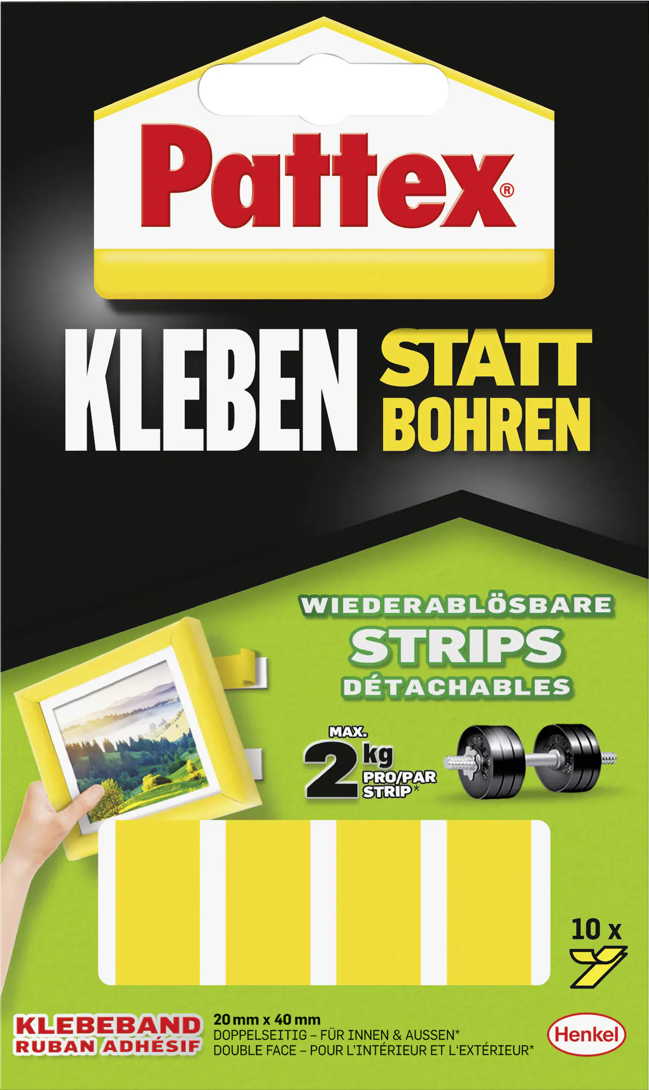 Pattex Kleben statt Bohren Klebe-Strips 10 Klebestreifen je 20 x 40mm, weiß