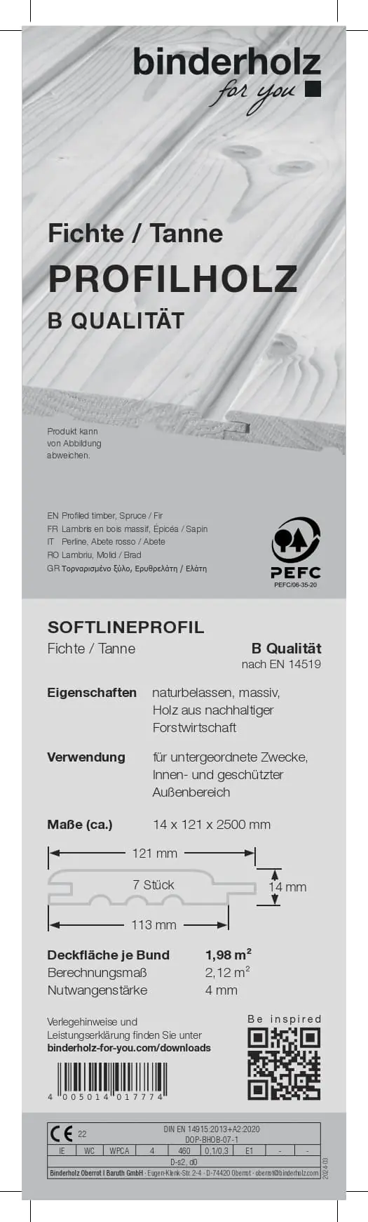 Profilholz Fichte Tanne Standard B-Sortierung Schrägprofil 250 x 12,1 cm 14 mm