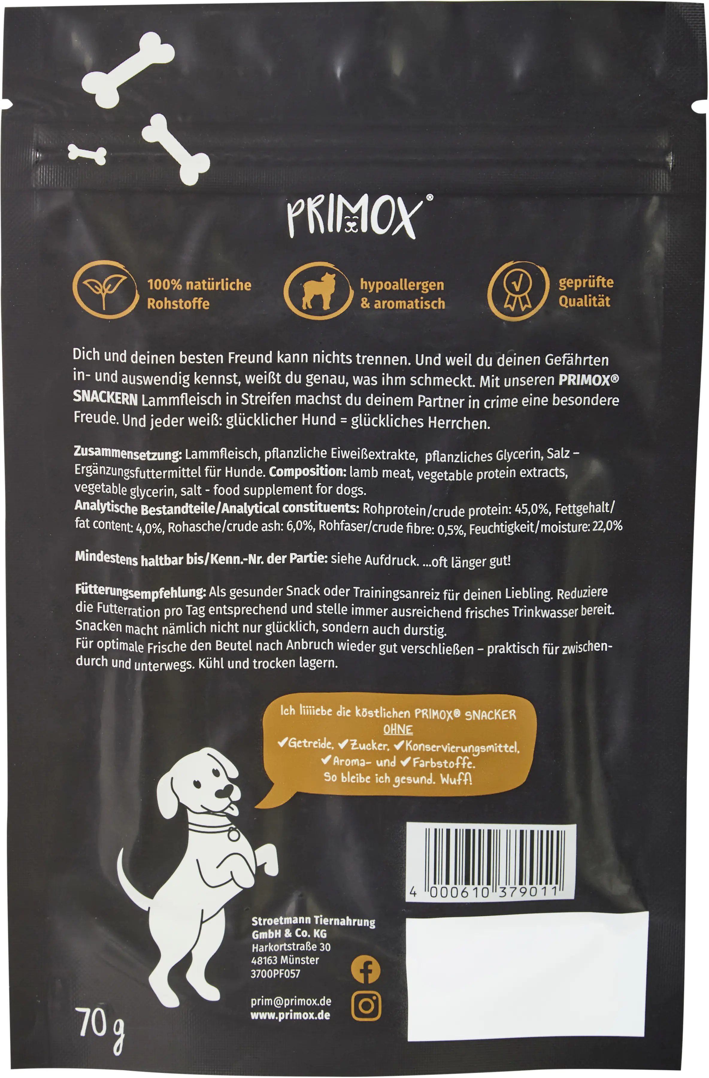 Primox Hundesnack Lamm in Streifen 70g